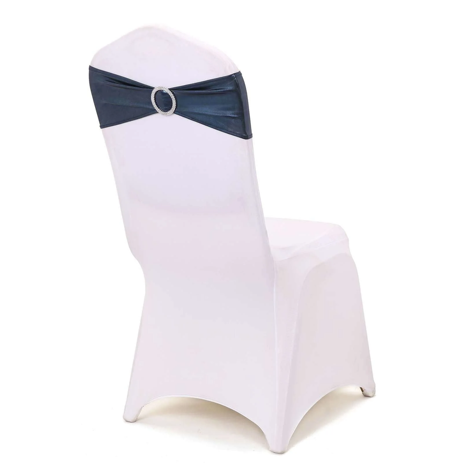 5 Pack Metallic Spandex Chair Sashes Navy Blue - Durable Stretch Chair Bands With Round Diamond Buckles - Image 7