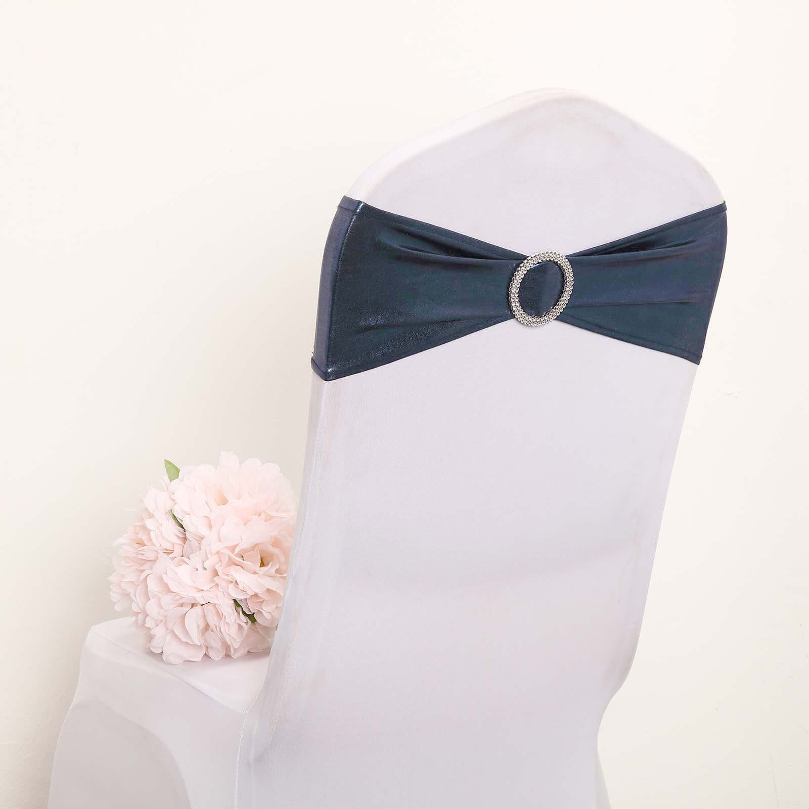 5 Pack Metallic Spandex Chair Sashes Navy Blue - Durable Stretch Chair Bands With Round Diamond Buckles - Image 8