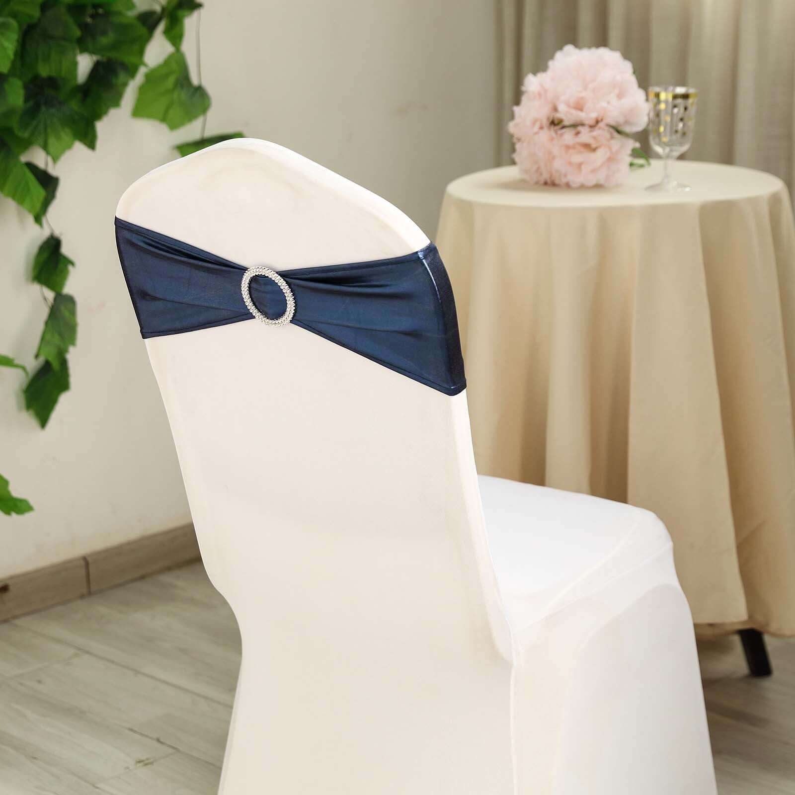 5 Pack Metallic Spandex Chair Sashes Navy Blue - Durable Stretch Chair Bands With Round Diamond Buckles - Image 9