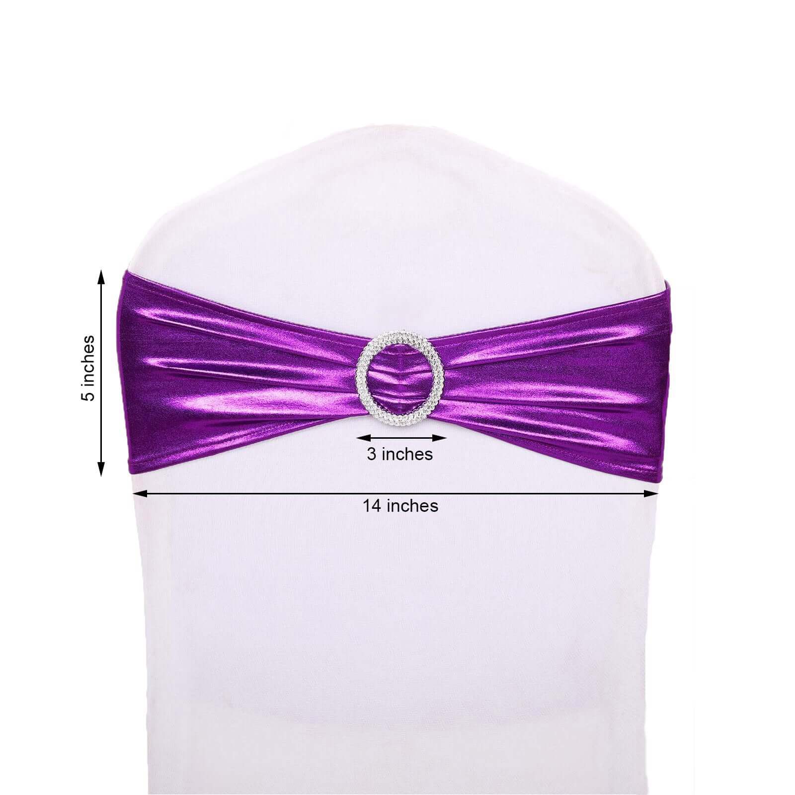 5 Pack Metallic Spandex Chair Sashes Purple - Durable Stretch Chair Bands With Round Diamond Buckles - Image 3