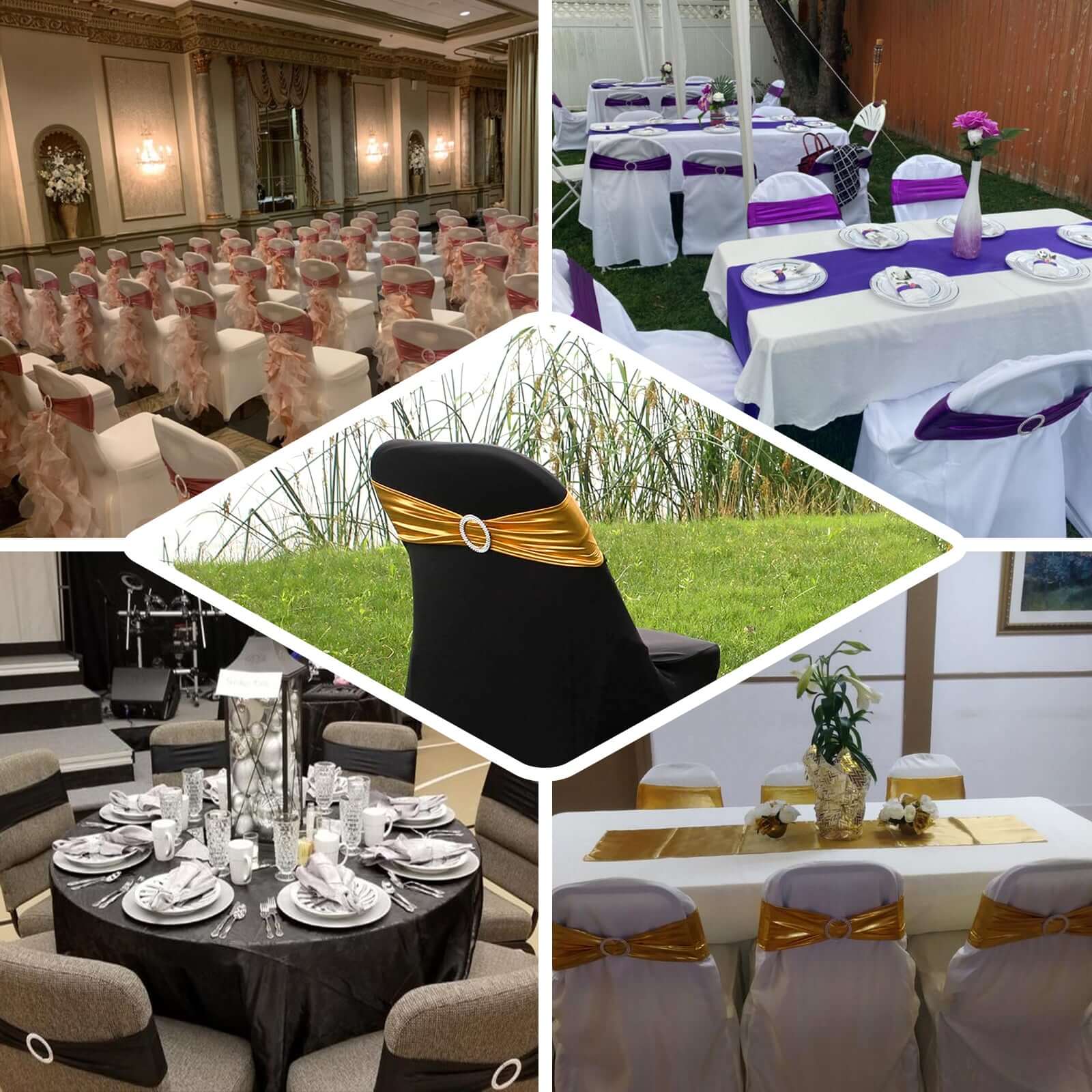 5 Pack Metallic Spandex Chair Sashes Purple - Durable Stretch Chair Bands With Round Diamond Buckles - Image 5