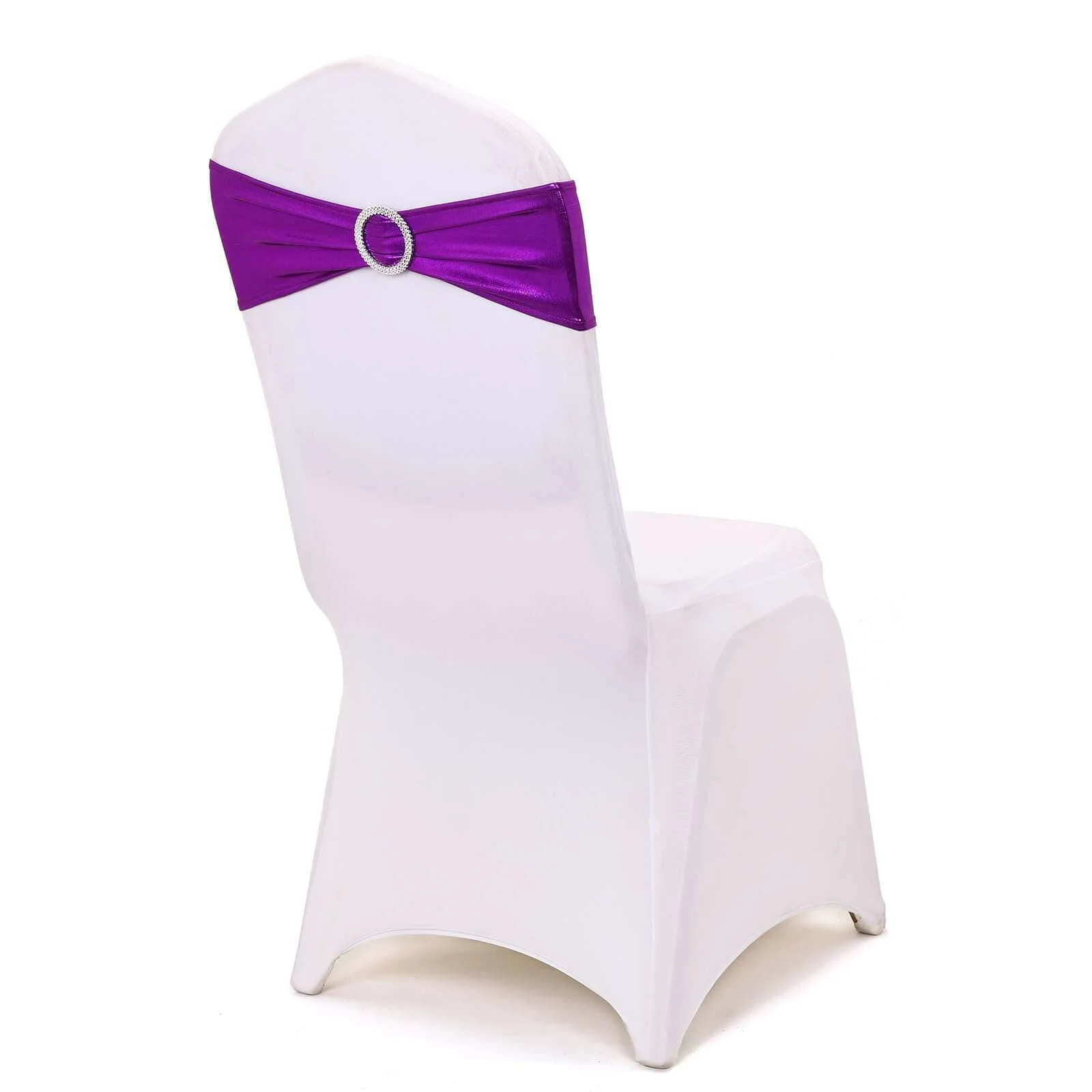 5 Pack Metallic Spandex Chair Sashes Purple - Durable Stretch Chair Bands With Round Diamond Buckles - Image 7
