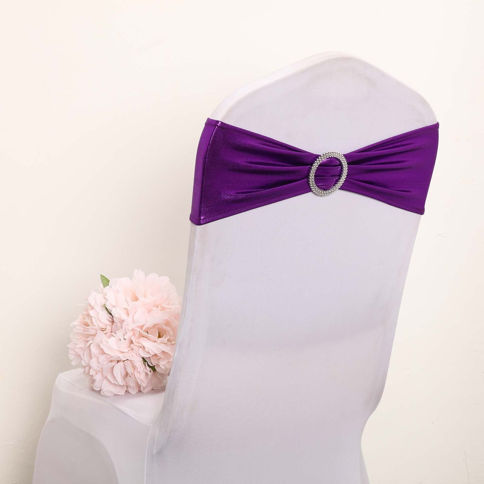 5 Pack Metallic Spandex Chair Sashes Purple - Durable Stretch Chair Bands With Round Diamond Buckles - Image 9
