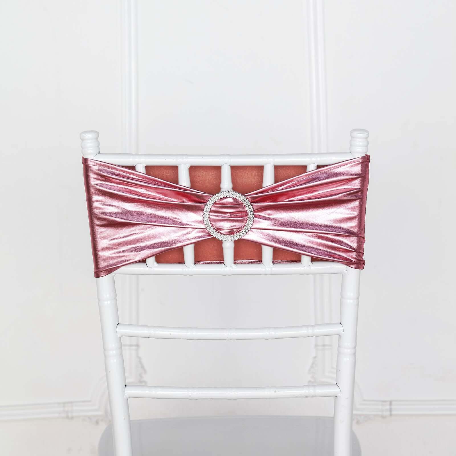 5 Pack Metallic Spandex Chair Sashes Rose Gold - Durable Stretch Chair Bands With Round Diamond Buckles - Image 11