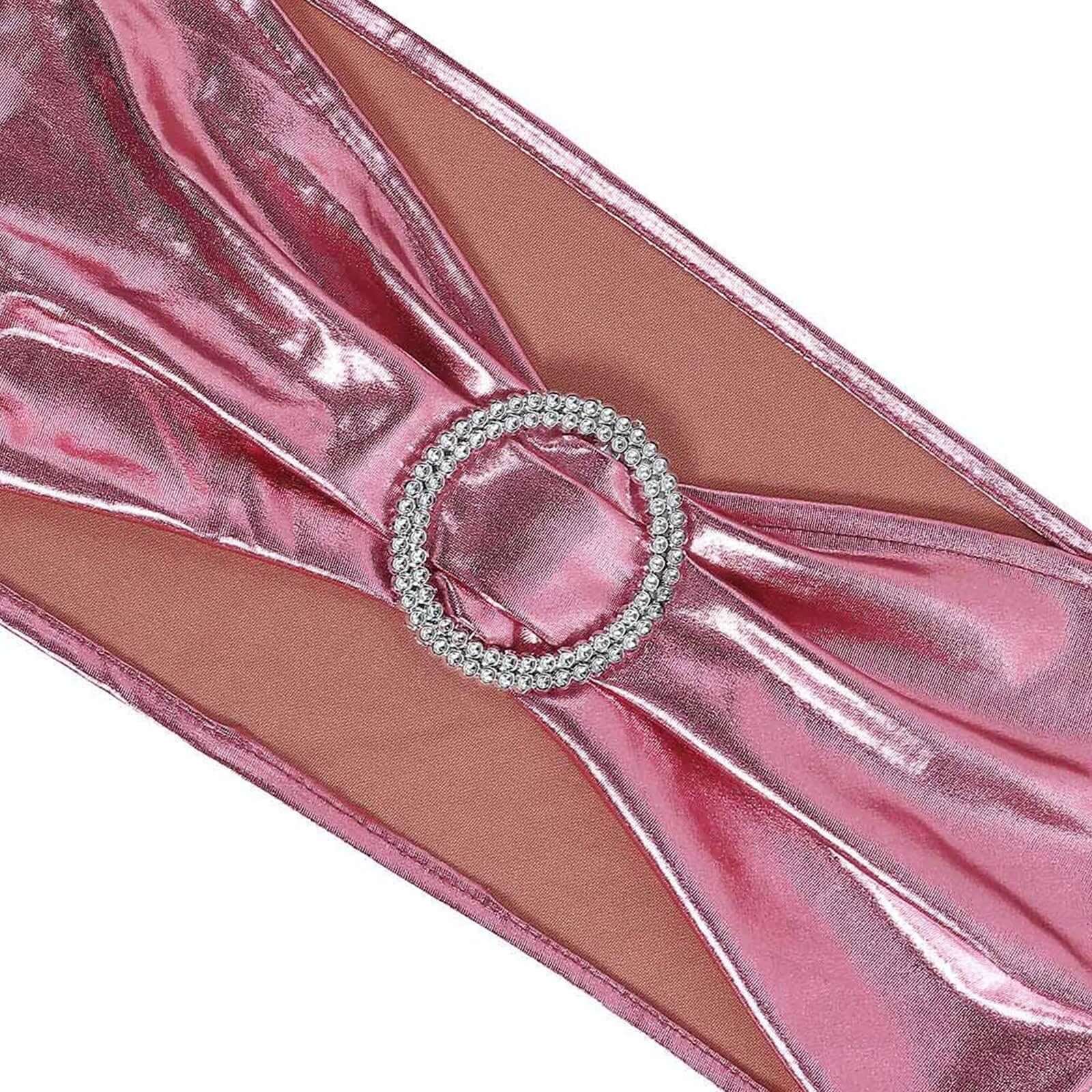 5 Pack Metallic Spandex Chair Sashes Rose Gold - Durable Stretch Chair Bands With Round Diamond Buckles - Image 12