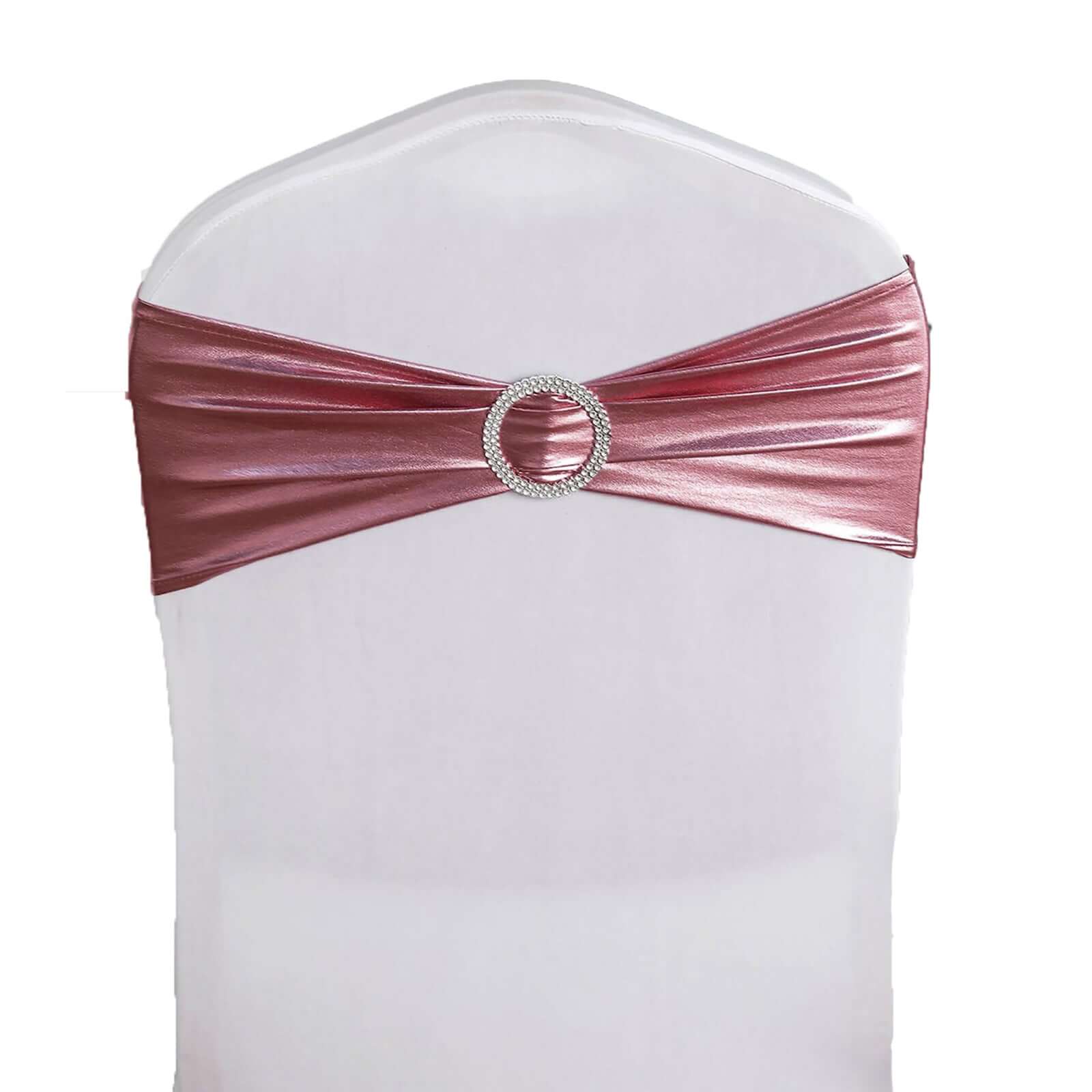 5 Pack Metallic Spandex Chair Sashes Rose Gold - Durable Stretch Chair Bands With Round Diamond Buckles - Image 13