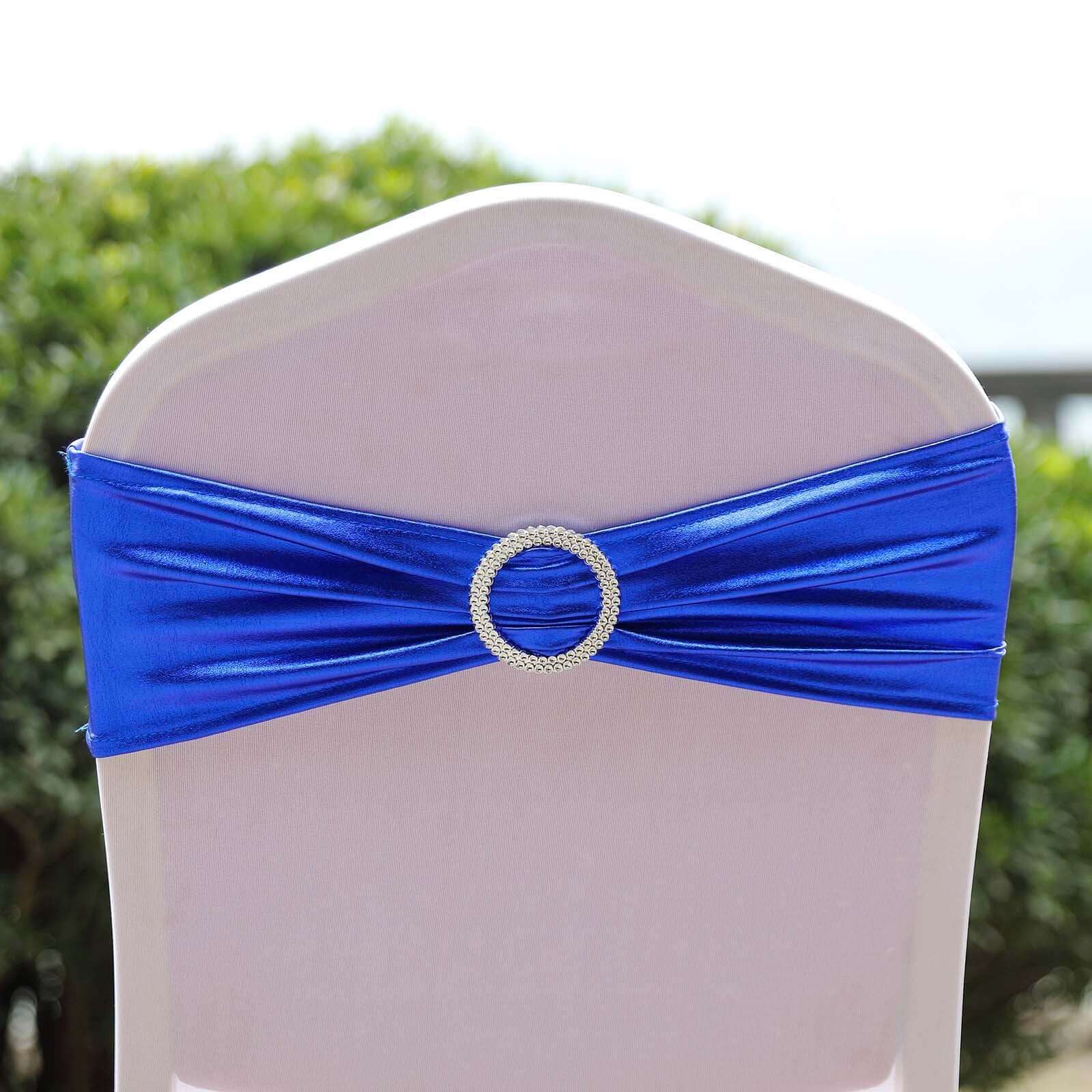 5 Pack Metallic Spandex Chair Sashes Royal Blue - Durable Stretch Chair Bands With Round Diamond Buckles - Image 10