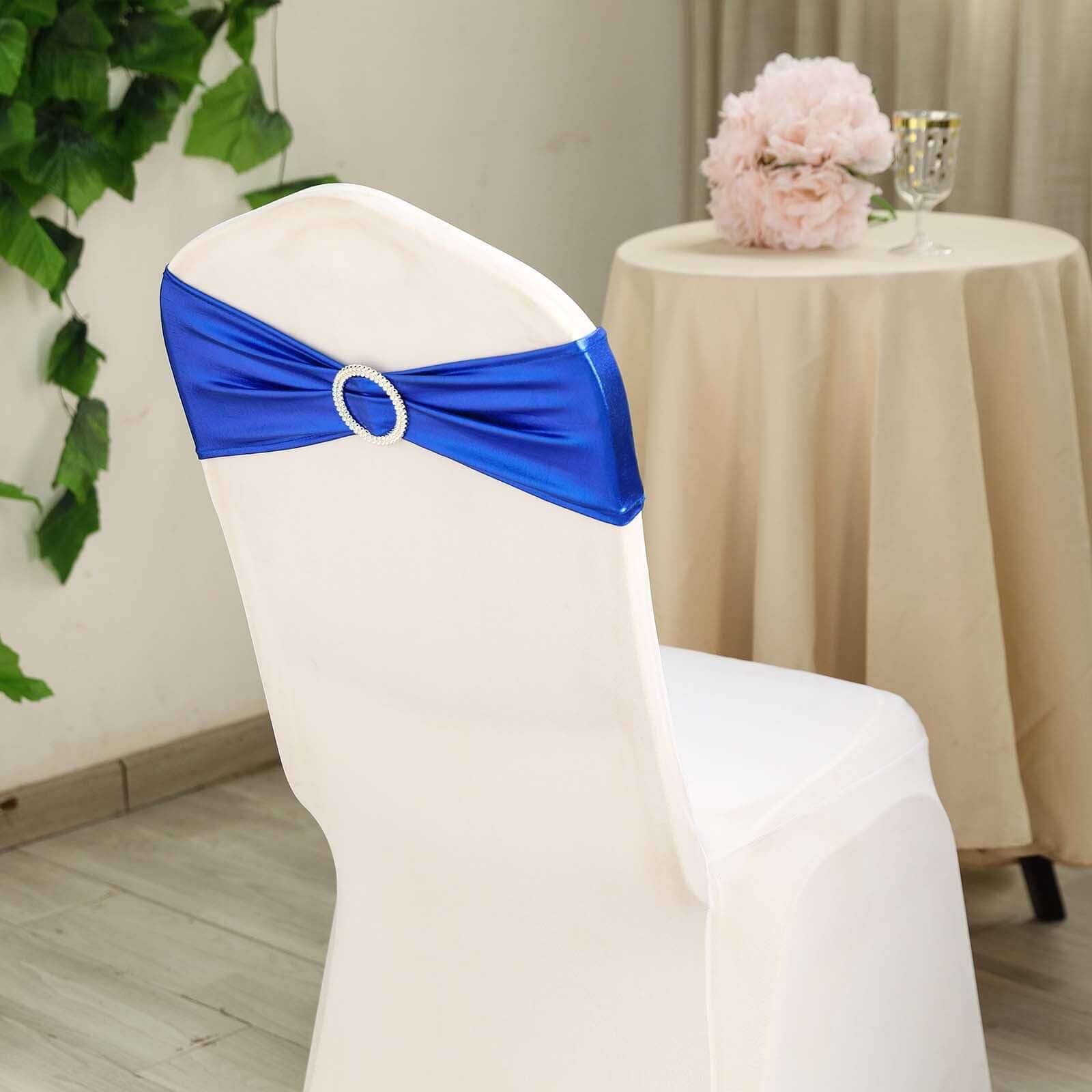 5 Pack Metallic Spandex Chair Sashes Royal Blue - Durable Stretch Chair Bands With Round Diamond Buckles - Image 11