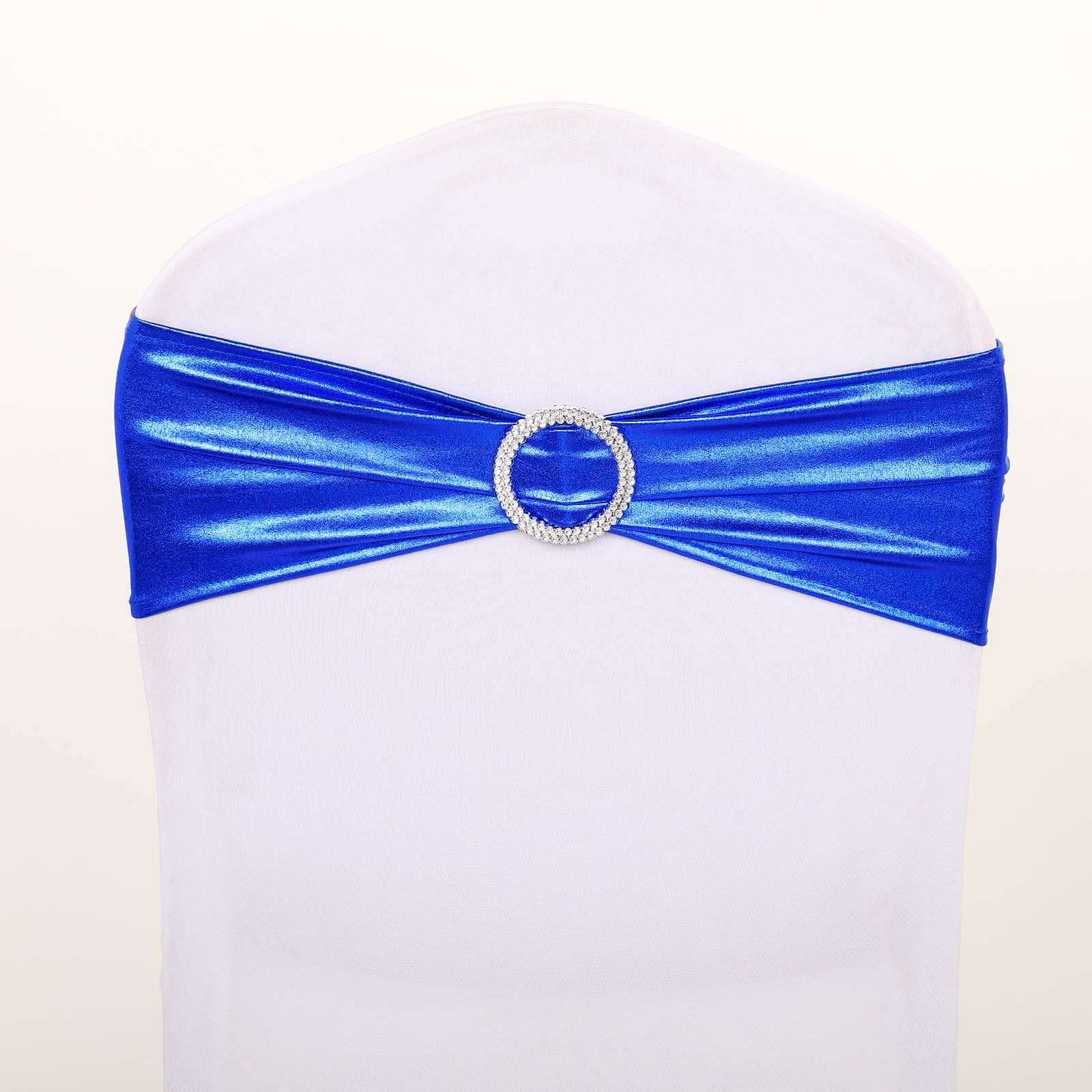5 Pack Metallic Spandex Chair Sashes Royal Blue - Durable Stretch Chair Bands With Round Diamond Buckles - Image 12