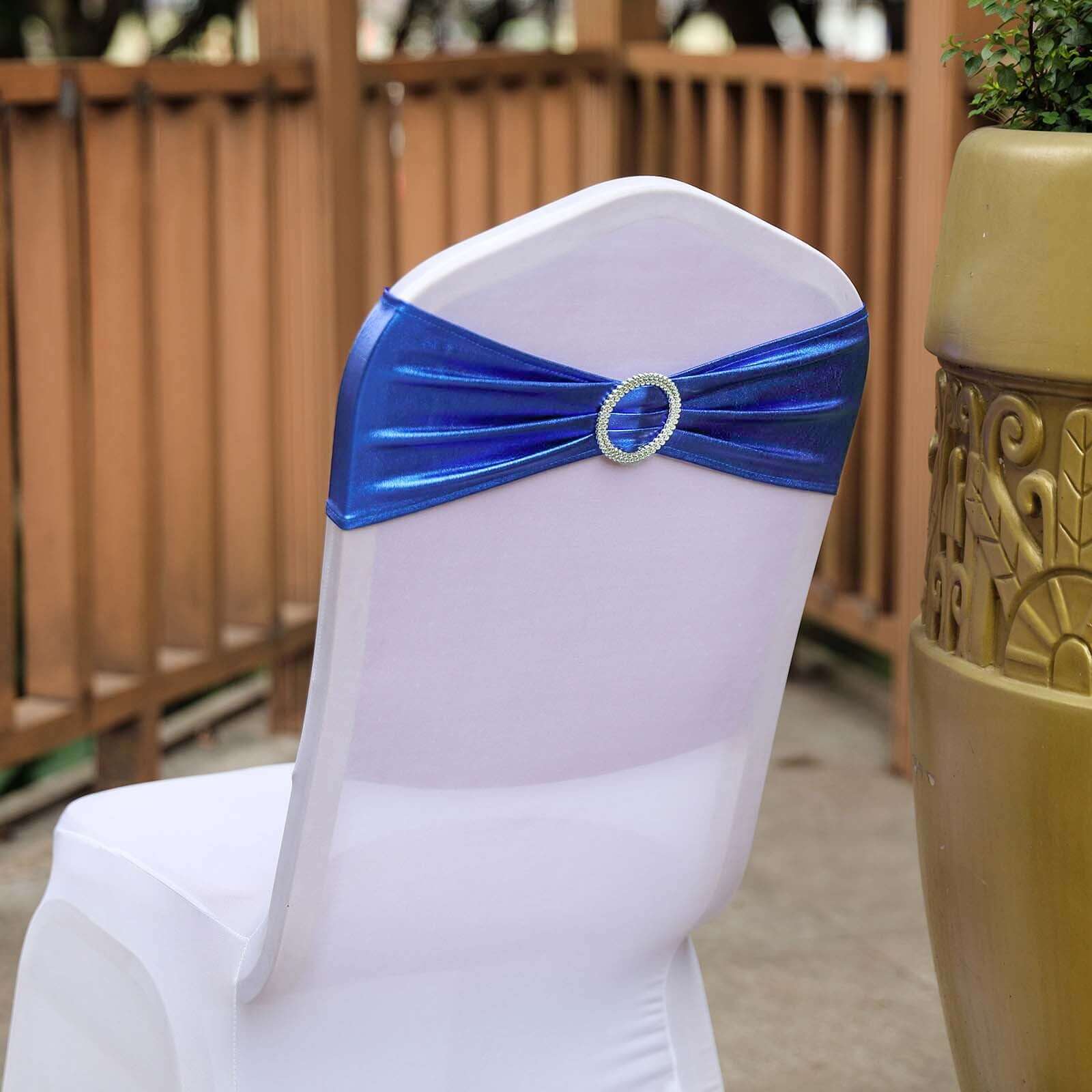 5 Pack Metallic Spandex Chair Sashes Royal Blue - Durable Stretch Chair Bands With Round Diamond Buckles - Image 2