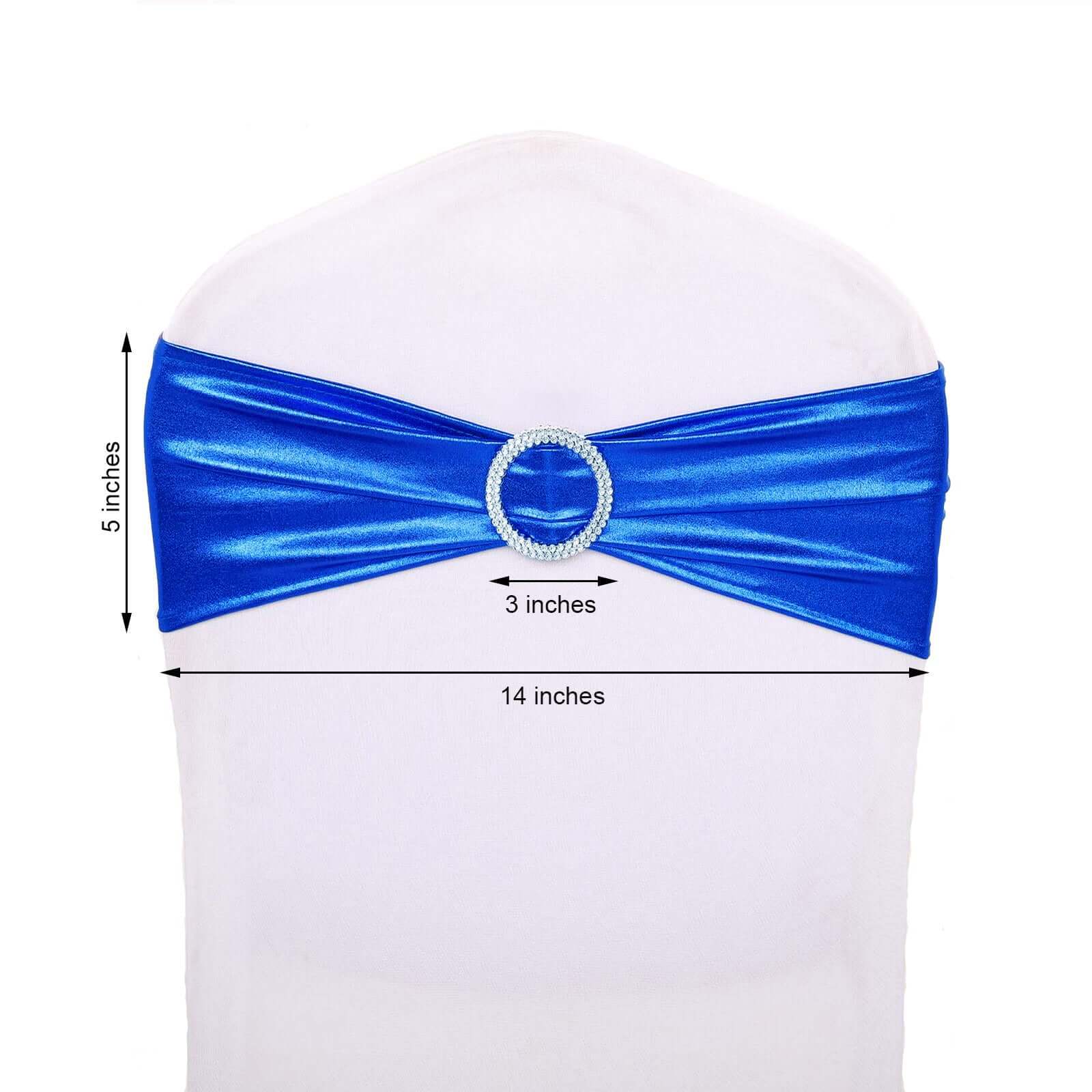 5 Pack Metallic Spandex Chair Sashes Royal Blue - Durable Stretch Chair Bands With Round Diamond Buckles - Image 3