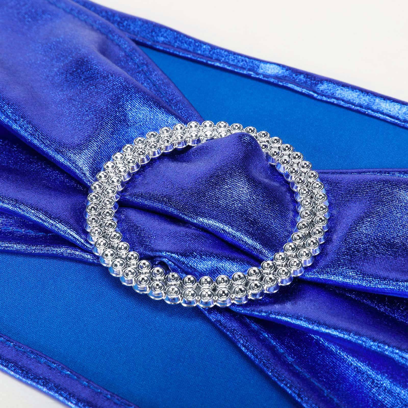 5 Pack Metallic Spandex Chair Sashes Royal Blue - Durable Stretch Chair Bands With Round Diamond Buckles - Image 6