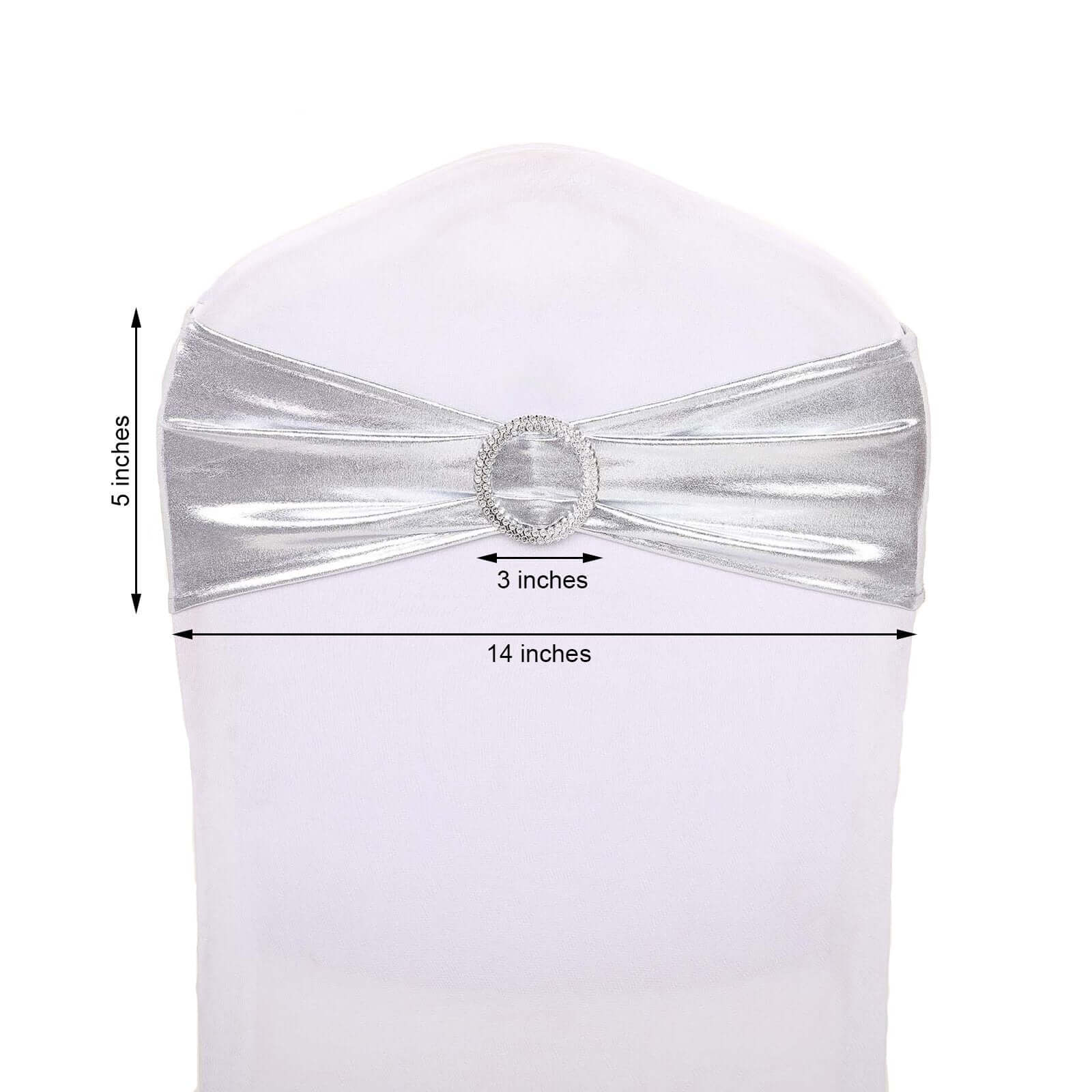 5 Pack Metallic Spandex Chair Sashes Silver - Durable Stretch Chair Bands With Round Diamond Buckles - Image 3