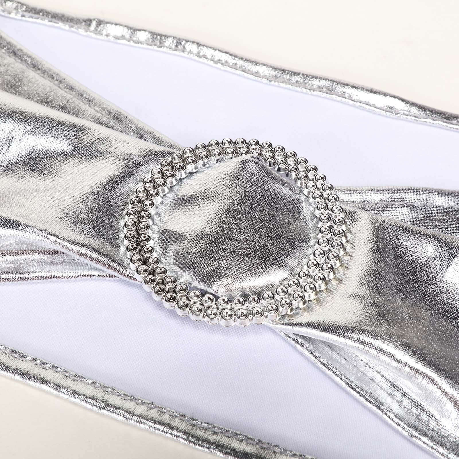 5 Pack Metallic Spandex Chair Sashes Silver - Durable Stretch Chair Bands With Round Diamond Buckles - Image 6