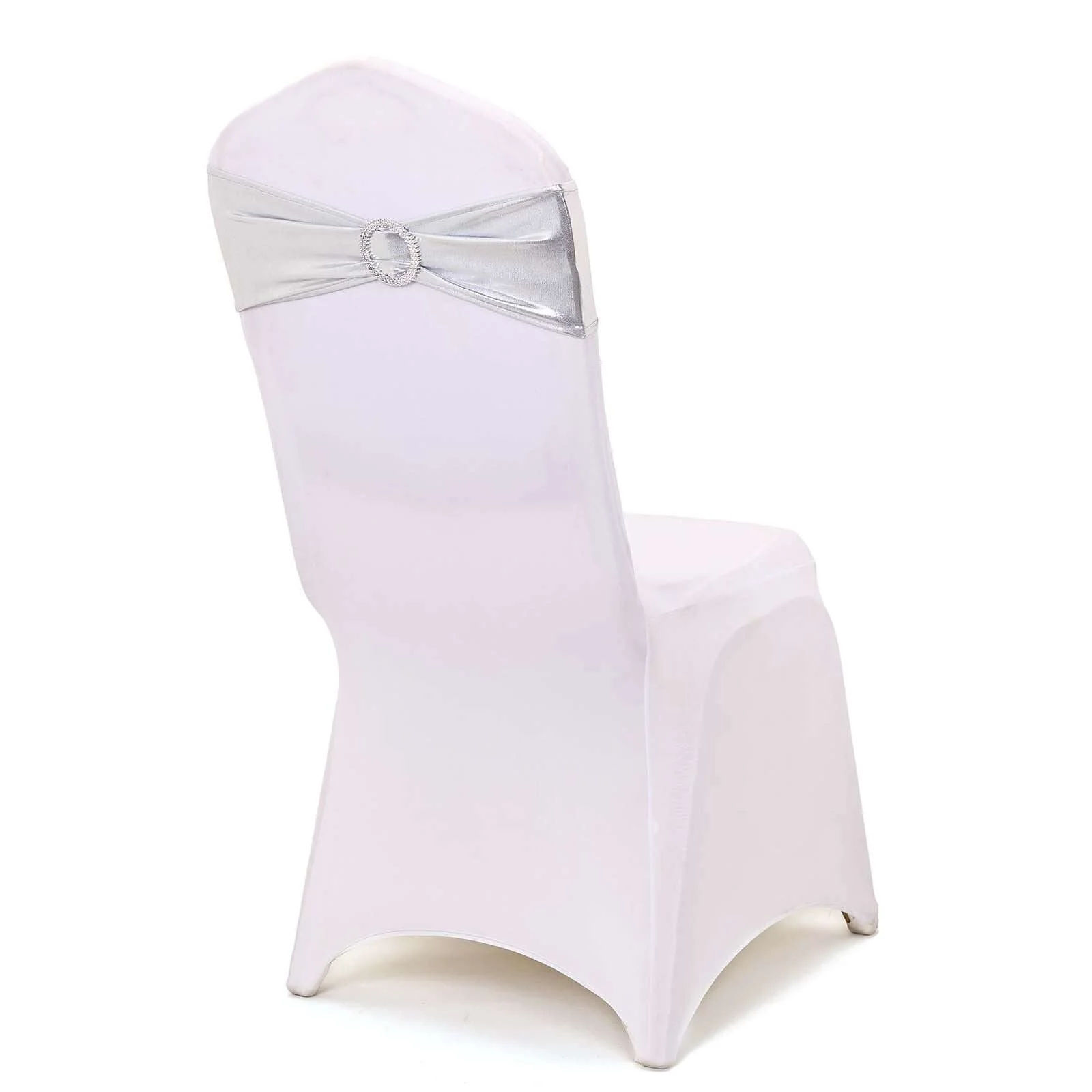 5 Pack Metallic Spandex Chair Sashes Silver - Durable Stretch Chair Bands With Round Diamond Buckles - Image 7