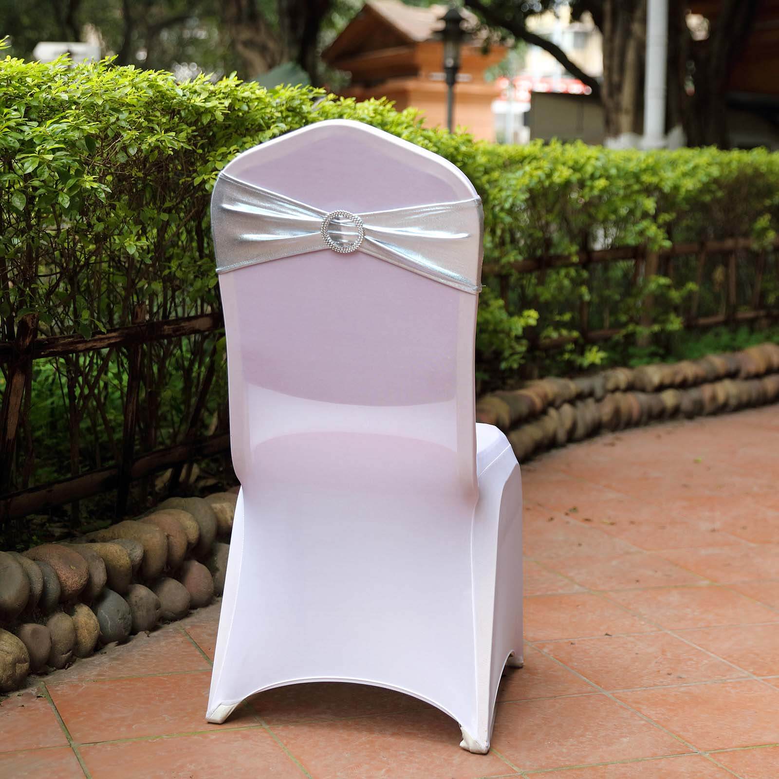 5 Pack Metallic Spandex Chair Sashes Silver - Durable Stretch Chair Bands With Round Diamond Buckles - Image 8