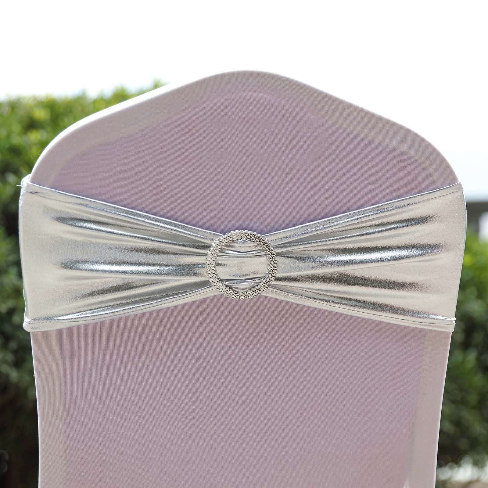 5 Pack Metallic Spandex Chair Sashes Silver - Durable Stretch Chair Bands With Round Diamond Buckles - Image 9
