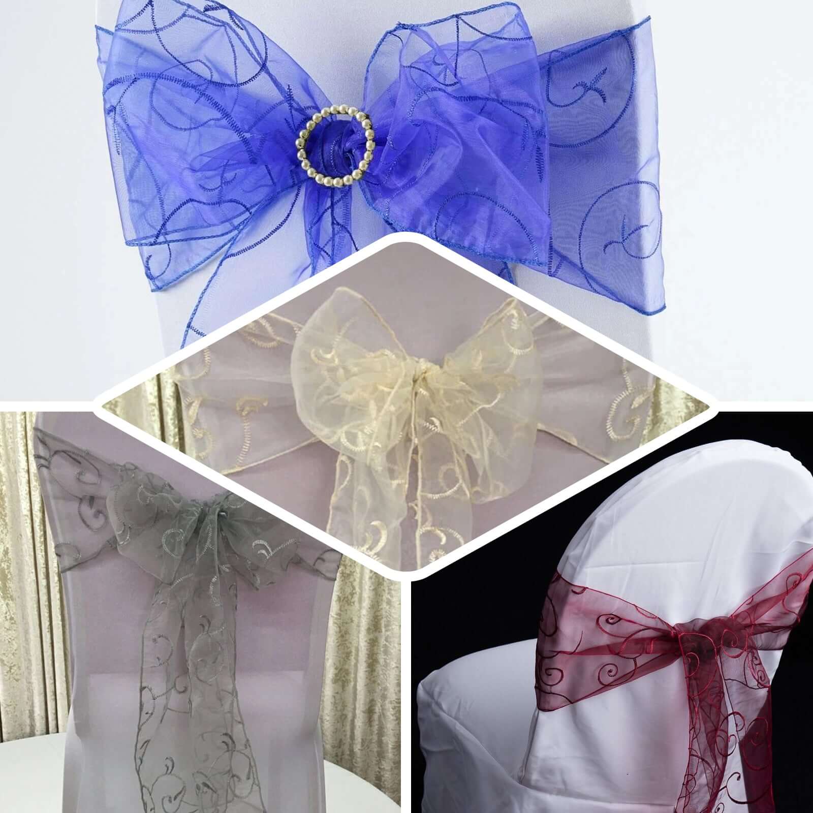 5 Pack Organza Chair Sashes 7"x108" Apple Green with Satin Leaf Embroidery - Sheer Decorative Chair Bows - Image 4
