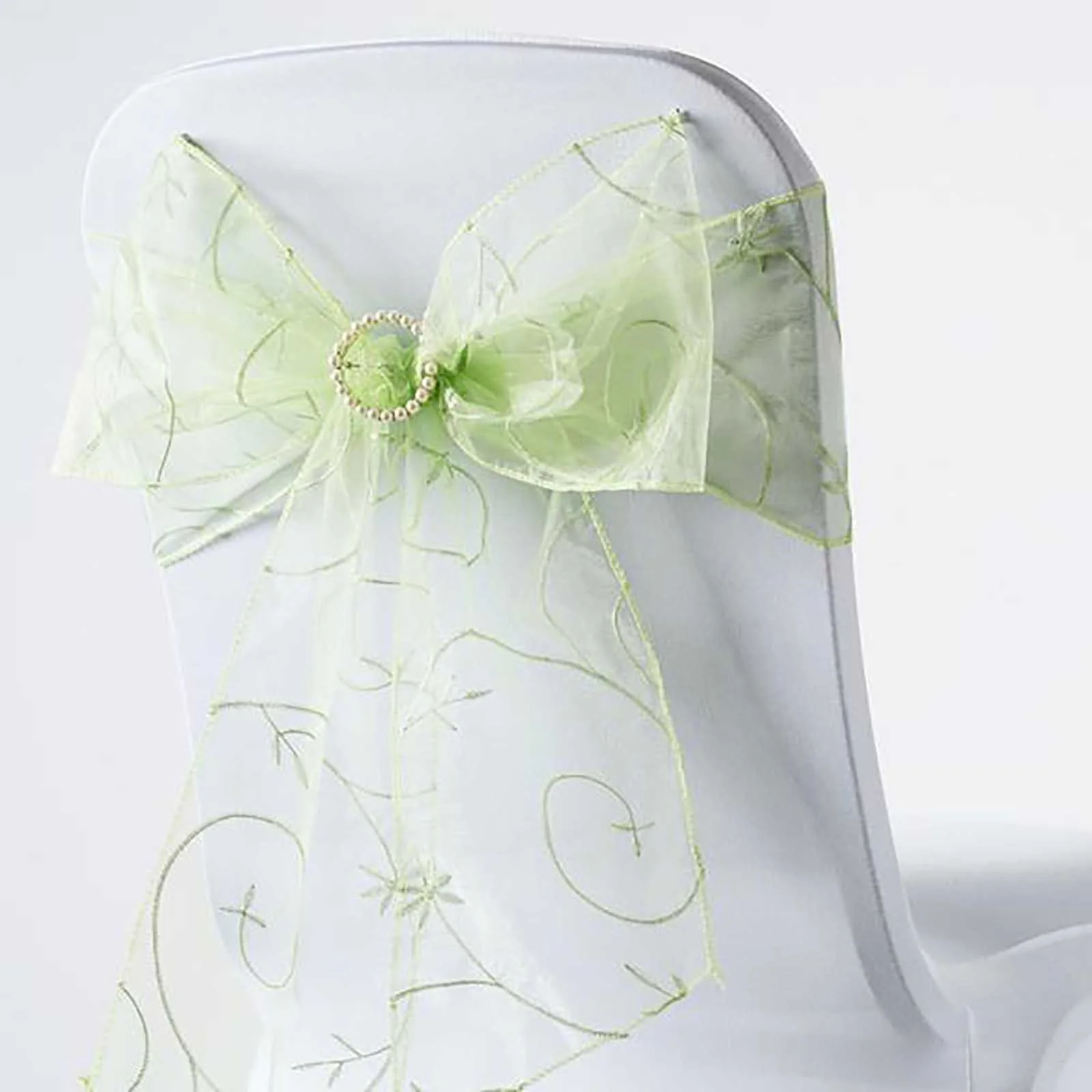 5 Pack Organza Chair Sashes 7"x108" Apple Green with Satin Leaf Embroidery - Sheer Decorative Chair Bows - Image 5