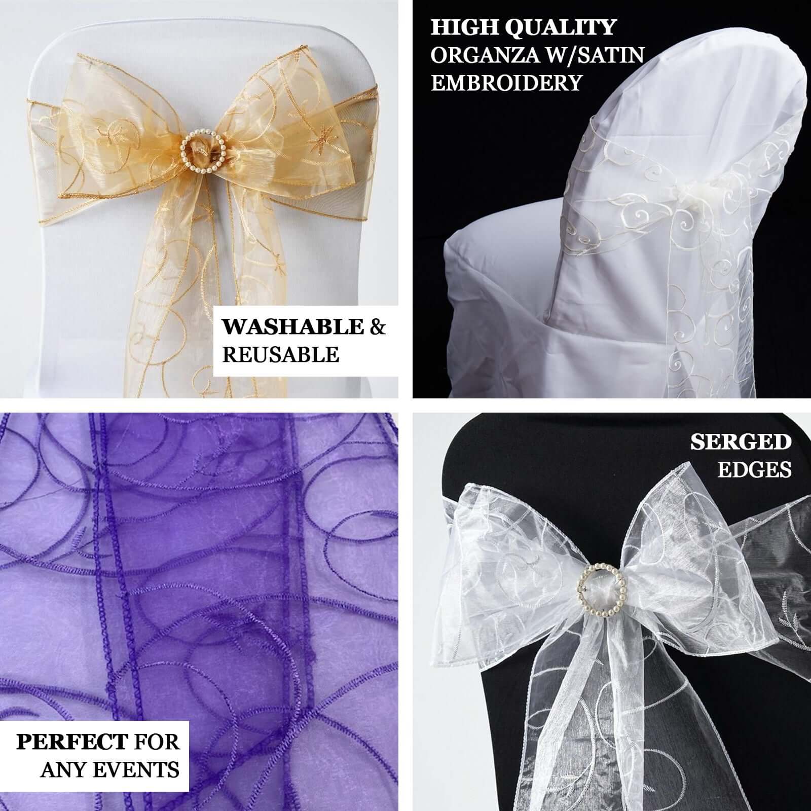 5 Pack Organza Chair Sashes 7"x108" Chocolate with Satin Leaf Embroidery - Sheer Decorative Chair Bows - Image 3