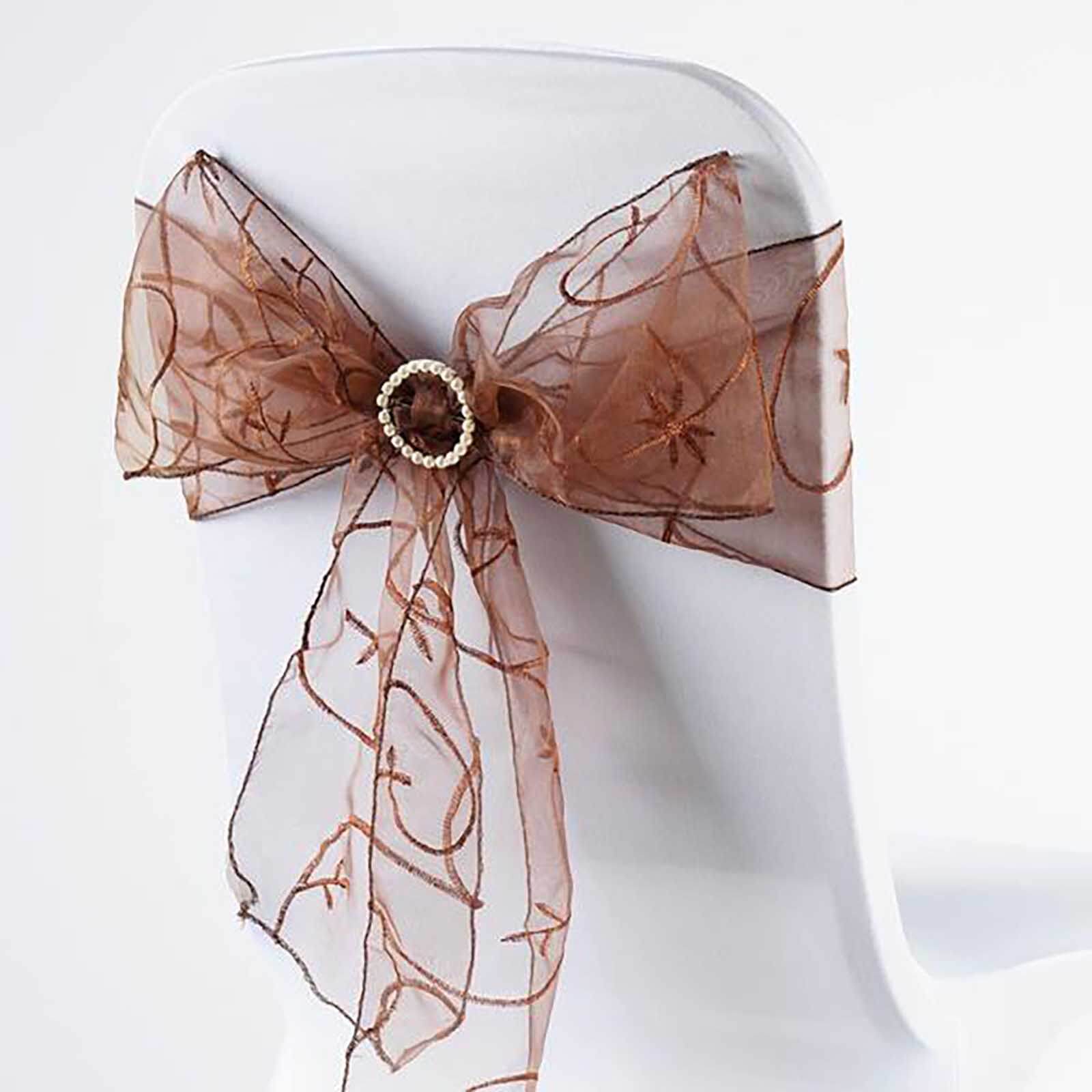5 Pack Organza Chair Sashes 7"x108" Chocolate with Satin Leaf Embroidery - Sheer Decorative Chair Bows - Image 5