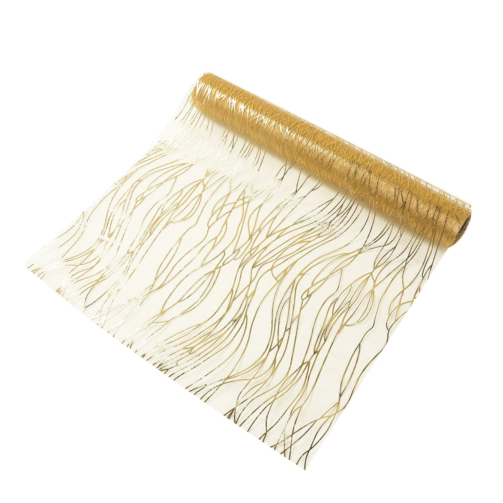 5 Pack Organza Table Runners 12"x108" Gold with Gold Foil Wave Design - Disposable Shimmering Table Accent - Image 3