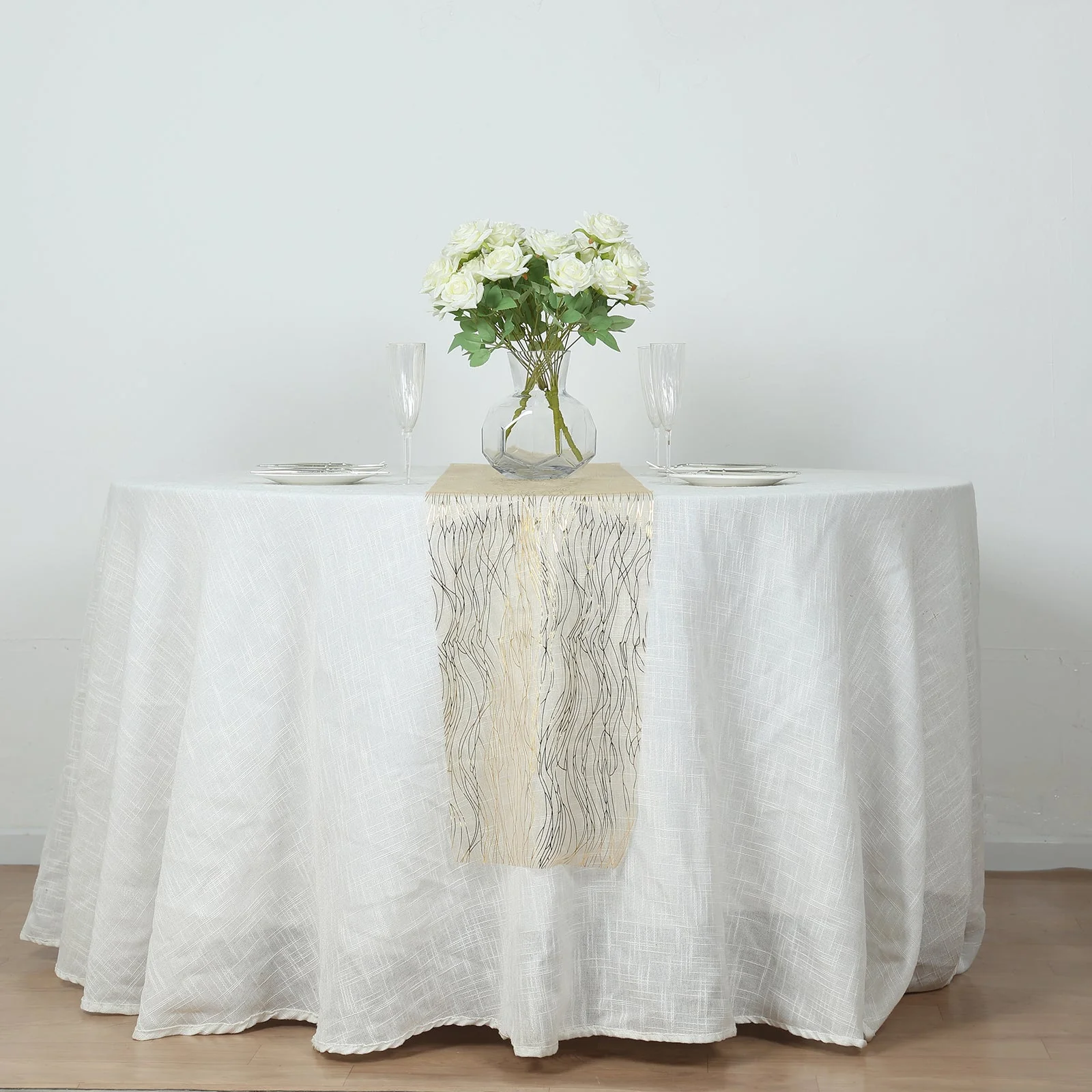 5 Pack Organza Table Runners 12"x108" Gold with Gold Foil Wave Design - Disposable Shimmering Table Accent - Image 4
