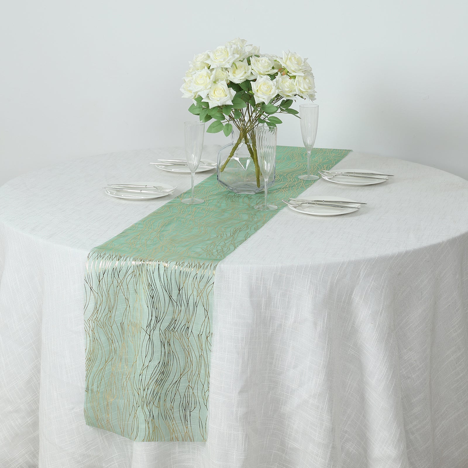 5 Pack Organza Table Runners 12"x108" Hunter Emerald Green with Gold Foil Wave Design - Disposable Shimmering Table Accent - Image 4