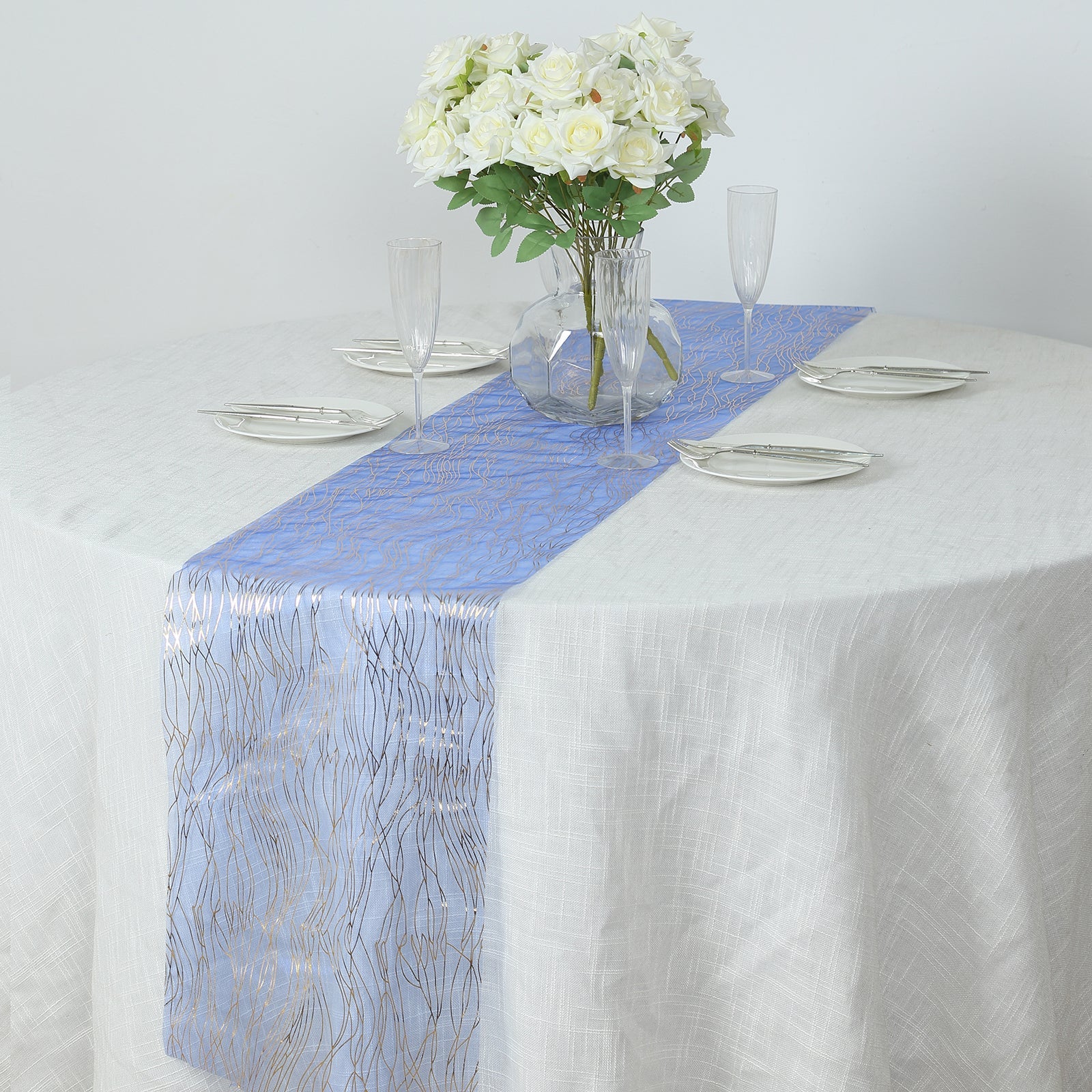 5 Pack Organza Table Runners 12"x108" Royal Blue with Gold Foil Wave Design - Disposable Shimmering Table Accent - Image 3
