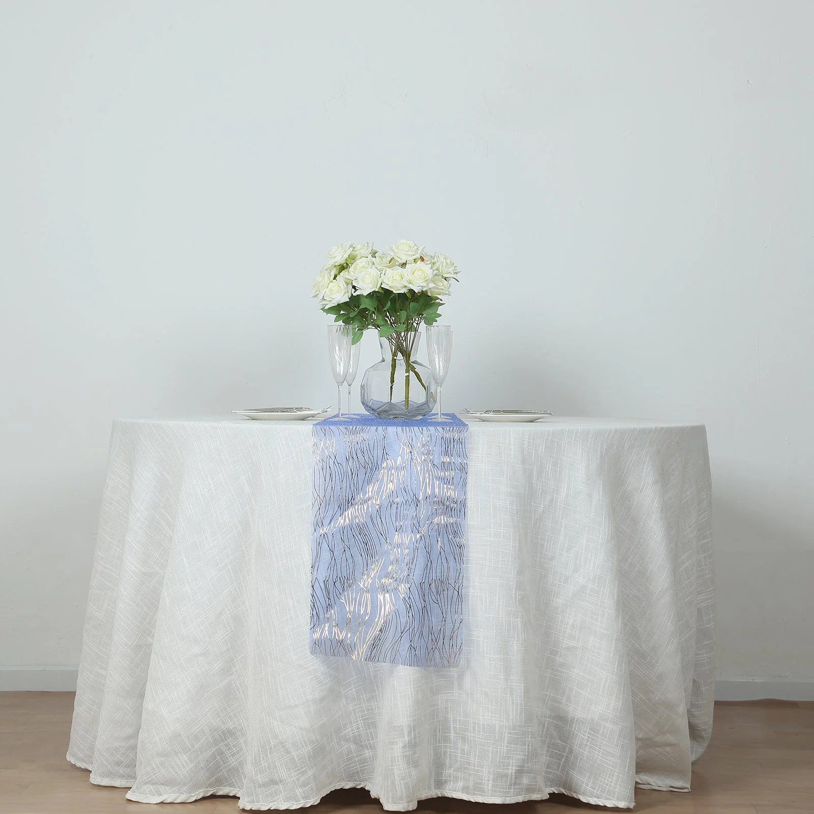5 Pack Organza Table Runners 12"x108" Royal Blue with Gold Foil Wave Design - Disposable Shimmering Table Accent - Image 4