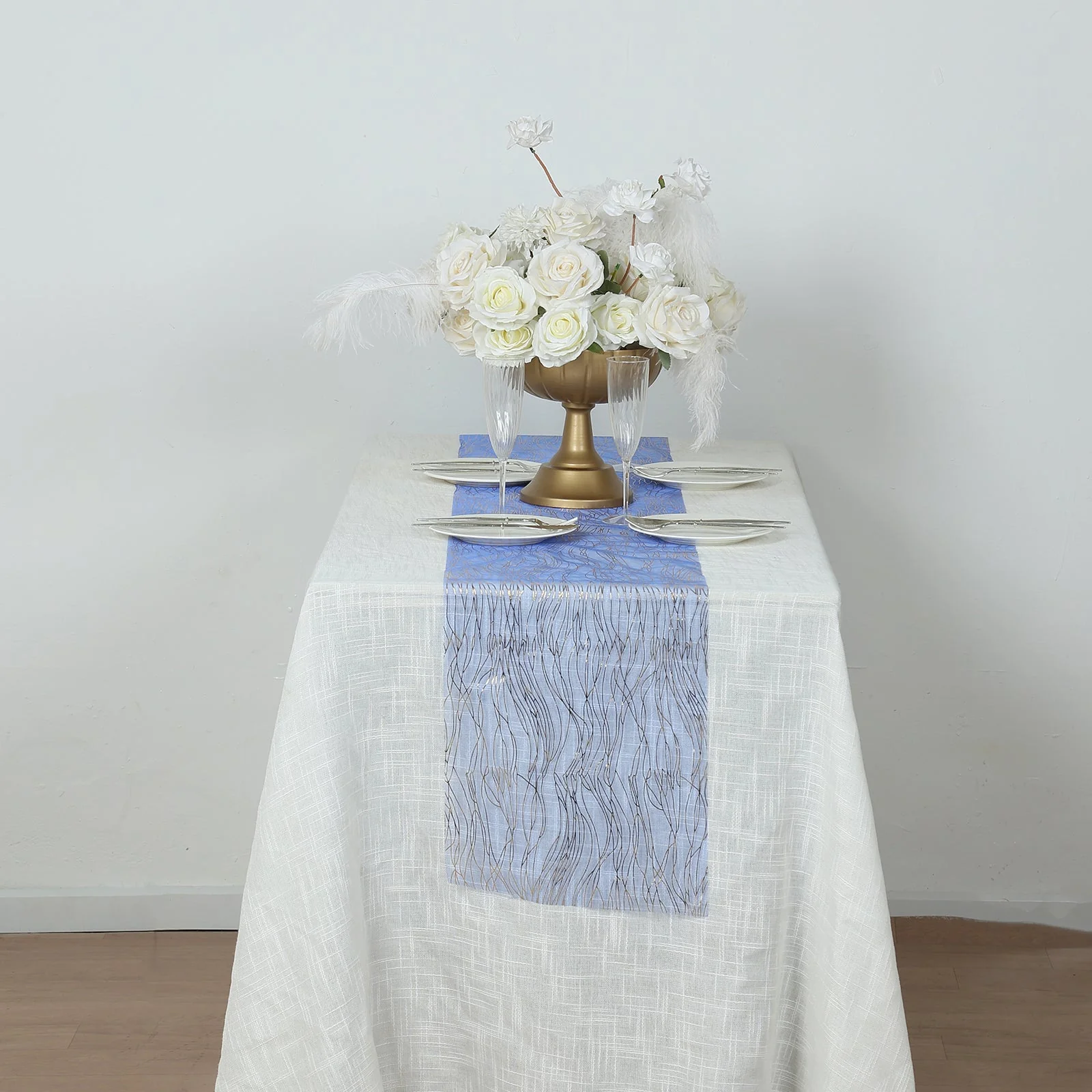 5 Pack Organza Table Runners 12"x108" Royal Blue with Gold Foil Wave Design - Disposable Shimmering Table Accent - Image 5