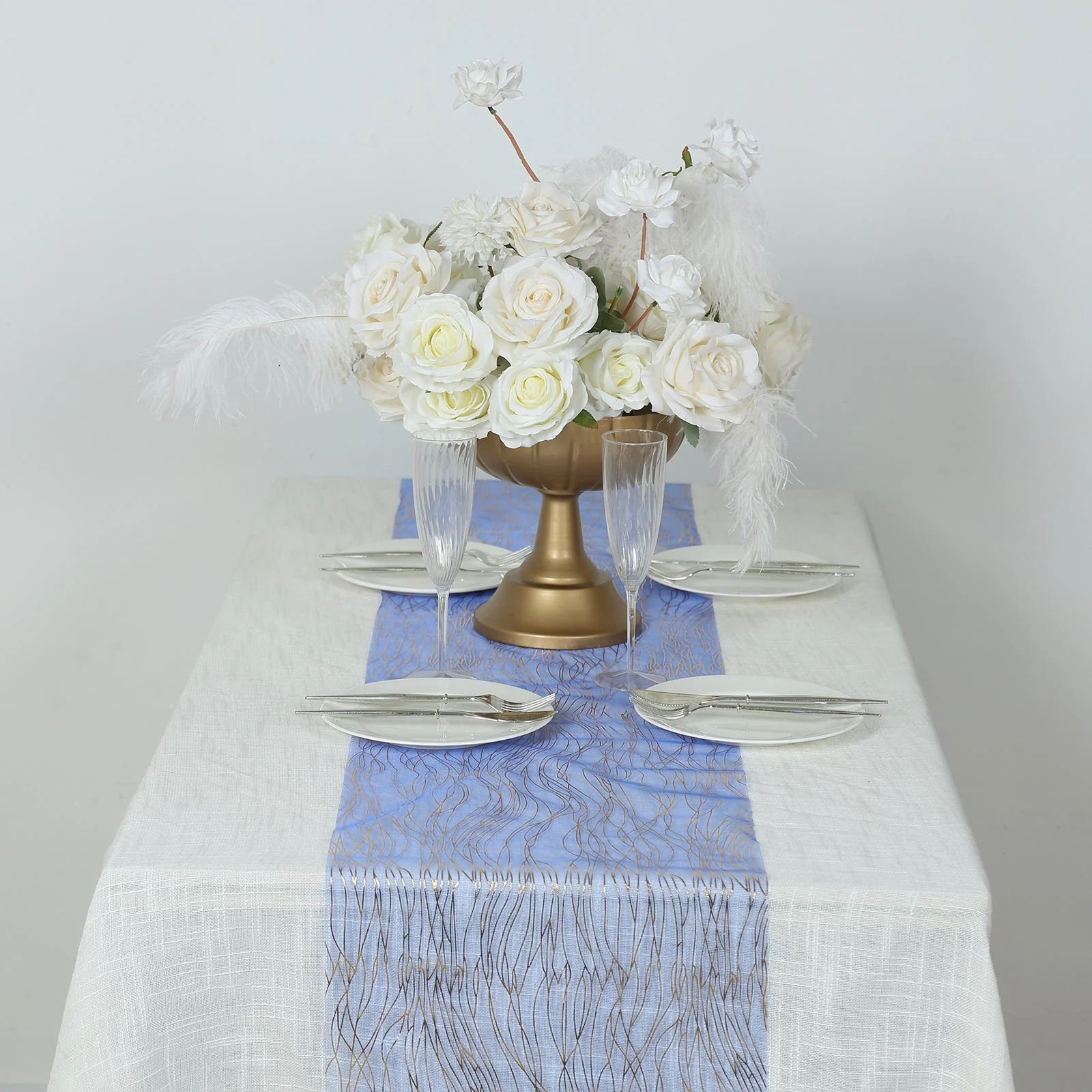 5 Pack Organza Table Runners 12"x108" Royal Blue with Gold Foil Wave Design - Disposable Shimmering Table Accent - Image 7