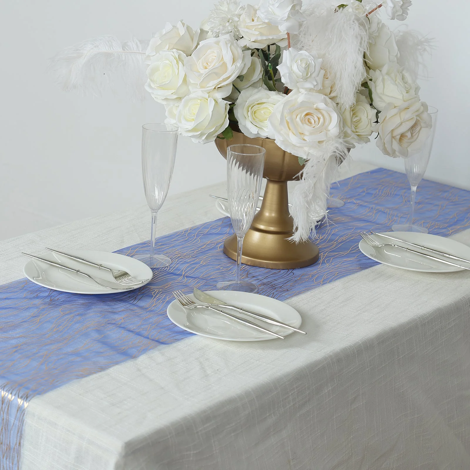 5 Pack Organza Table Runners 12"x108" Royal Blue with Gold Foil Wave Design - Disposable Shimmering Table Accent - Image 8