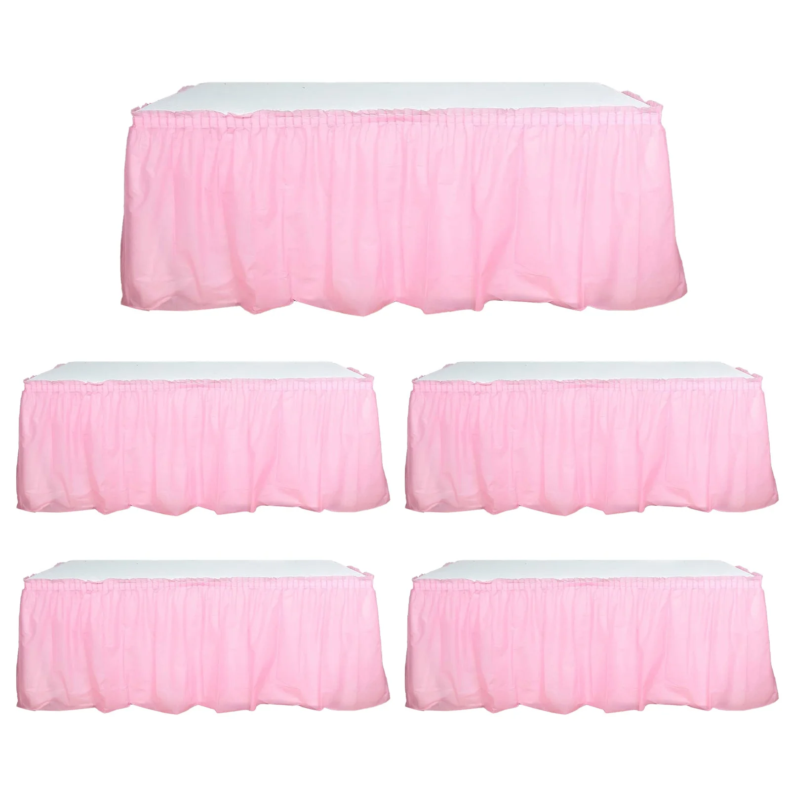 5 Pack Plastic Table Skirts 14ft Pink Ruffled - Waterproof Disposable Skirts for Outdoor/Indoor Use - Image 3