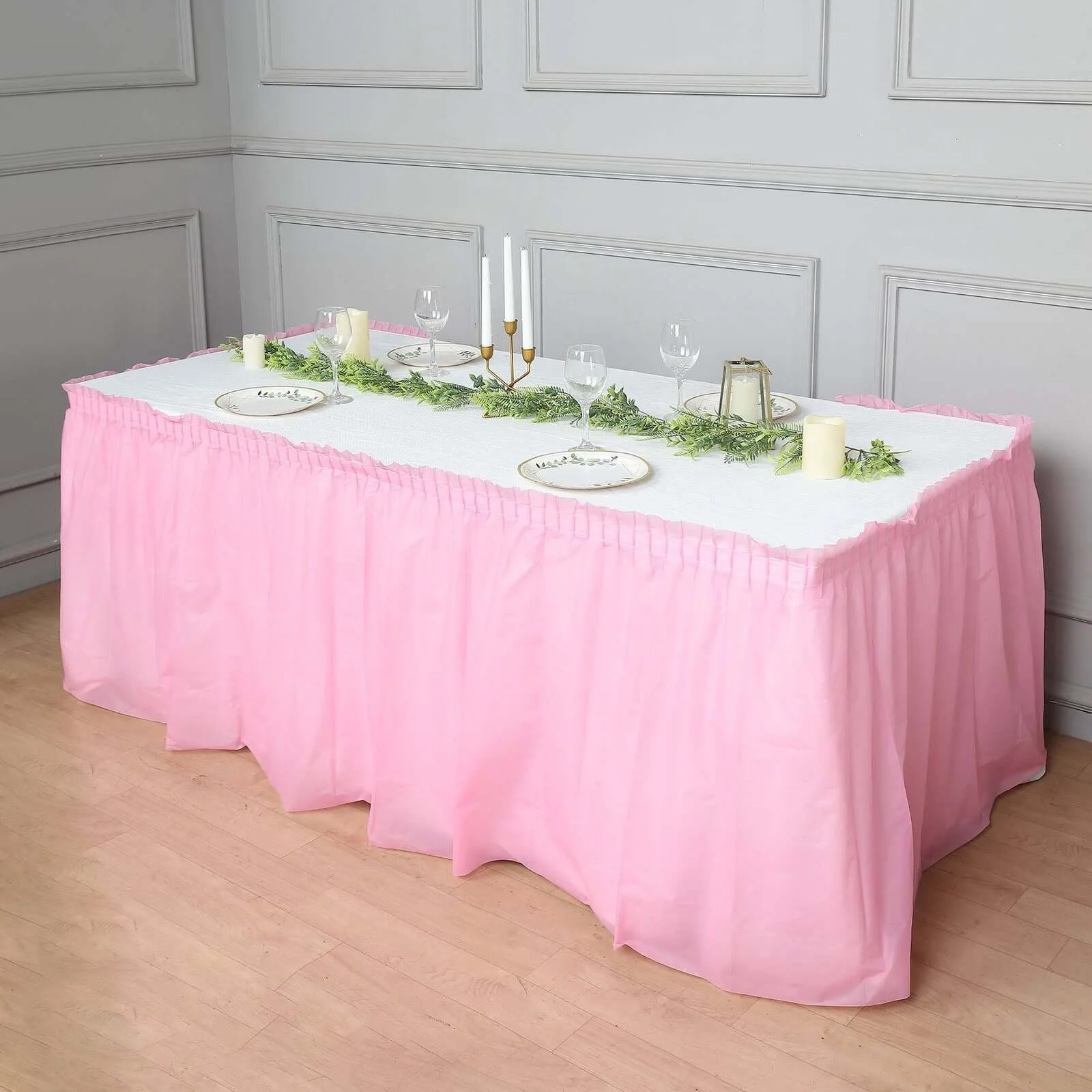 5 Pack Plastic Table Skirts 14ft Pink Ruffled - Waterproof Disposable Skirts for Outdoor/Indoor Use - Image 7