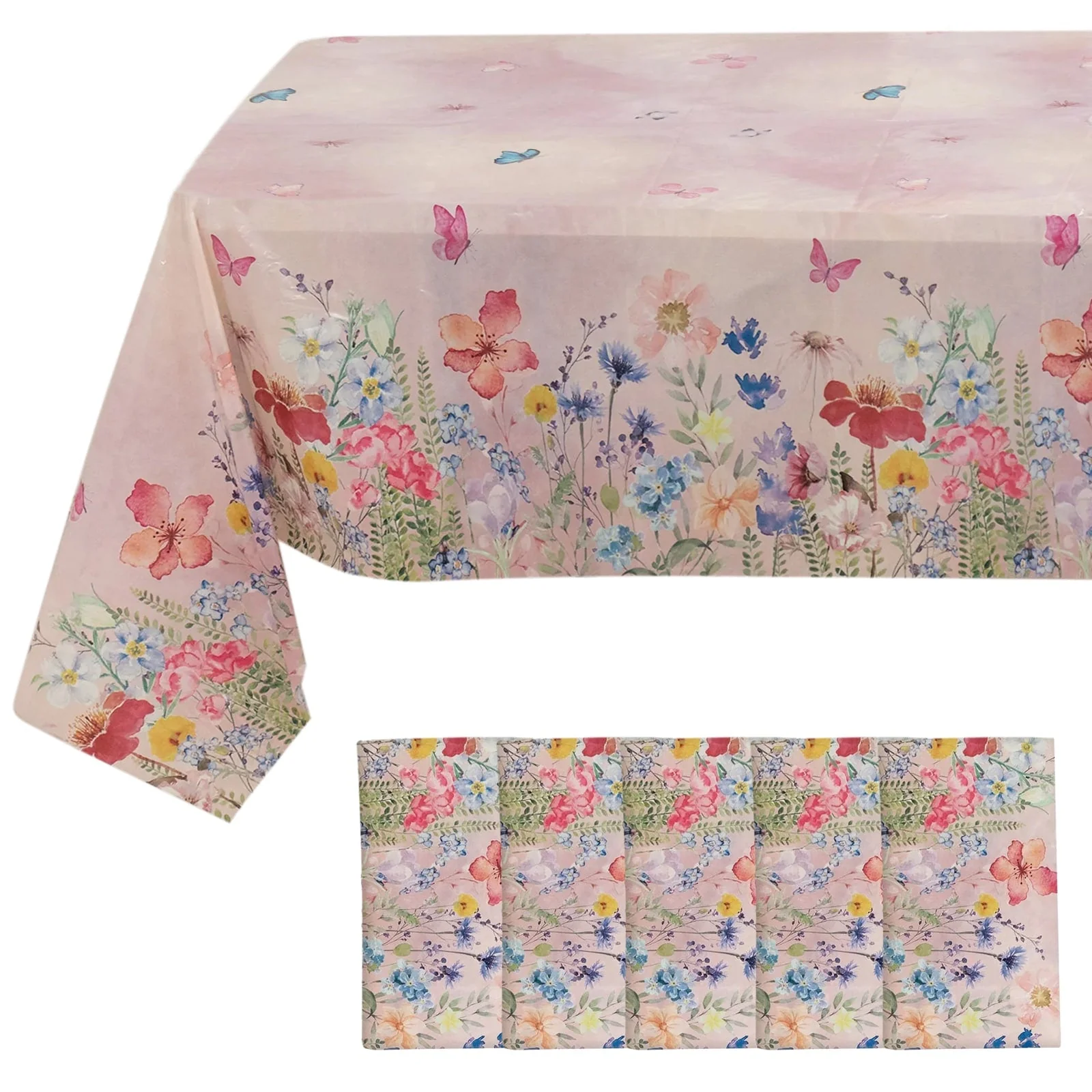 5-Pack Plastic Table Covers 54"x108" Blush Rectangle with Butterfly Floral Print - PVC Waterproof Disposable Covers