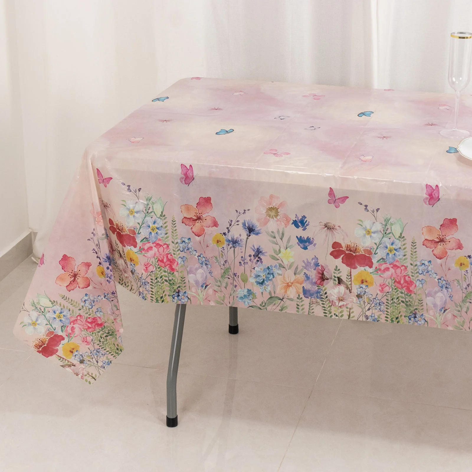 5-Pack Plastic Table Covers 54"x108" Blush Rectangle with Butterfly Floral Print - PVC Waterproof Disposable Covers - Image 5