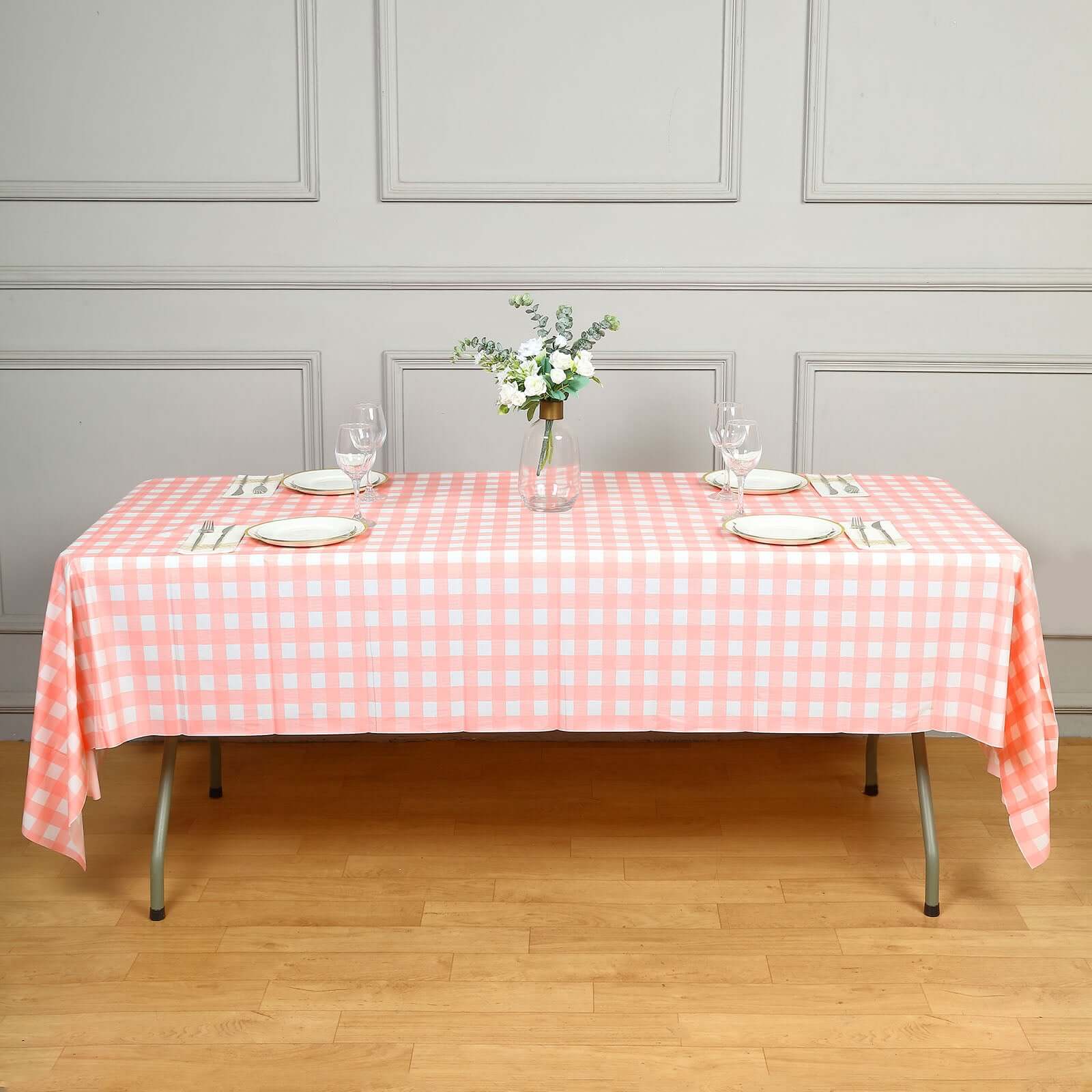 5-Pack Plastic Table Covers 54"x108" Pink Checkered Rectangle - PVC Waterproof Disposable Tablecloths - Image 2