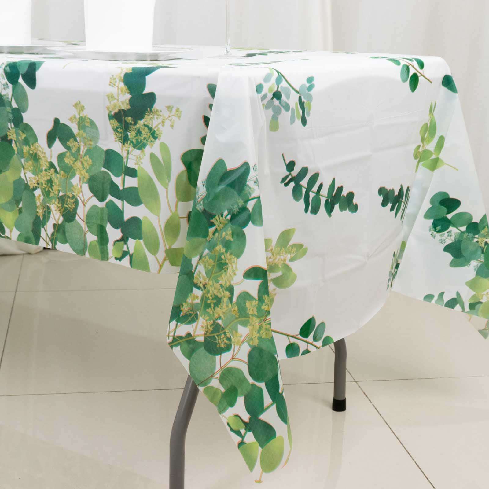 5-Pack Plastic Table Covers 54"x108" White/Green Rectangle with Eucalyptus Leaves Print - PVC Waterproof Disposable Covers - Image 14