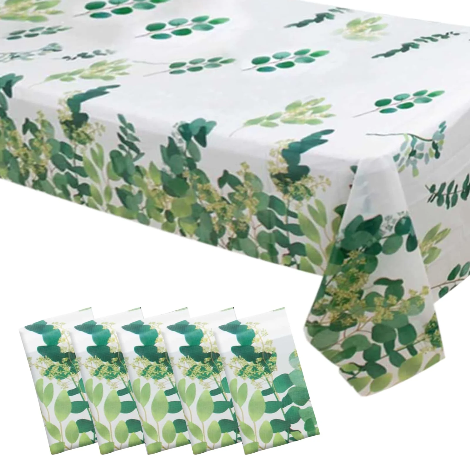 5-Pack Plastic Table Covers 54"x108" White/Green Rectangle with Eucalyptus Leaves Print - PVC Waterproof Disposable Covers - Image 6