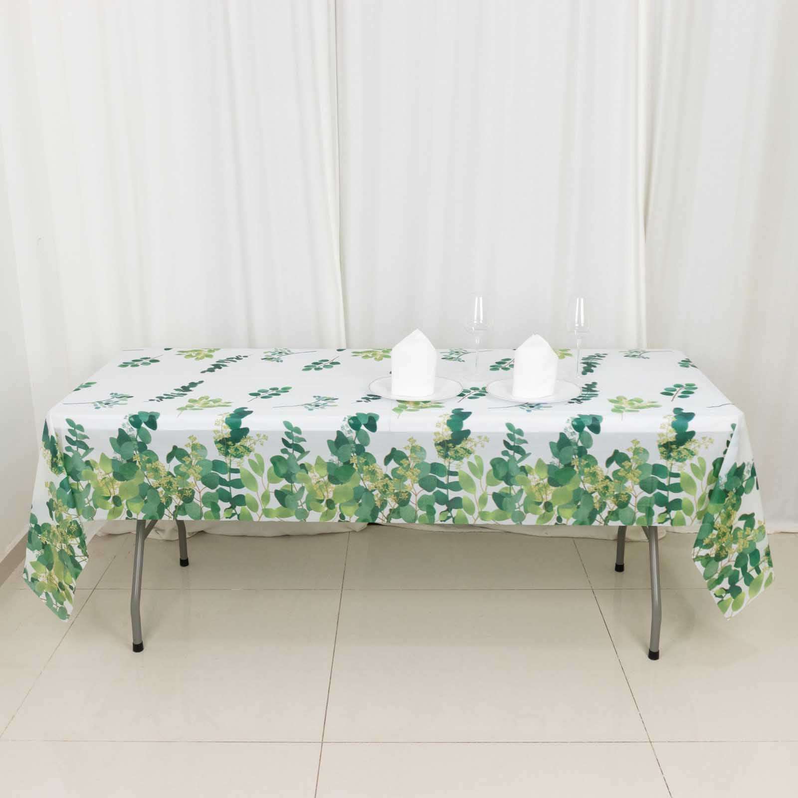 5-Pack Plastic Table Covers 54"x108" White/Green Rectangle with Eucalyptus Leaves Print - PVC Waterproof Disposable Covers - Image 8