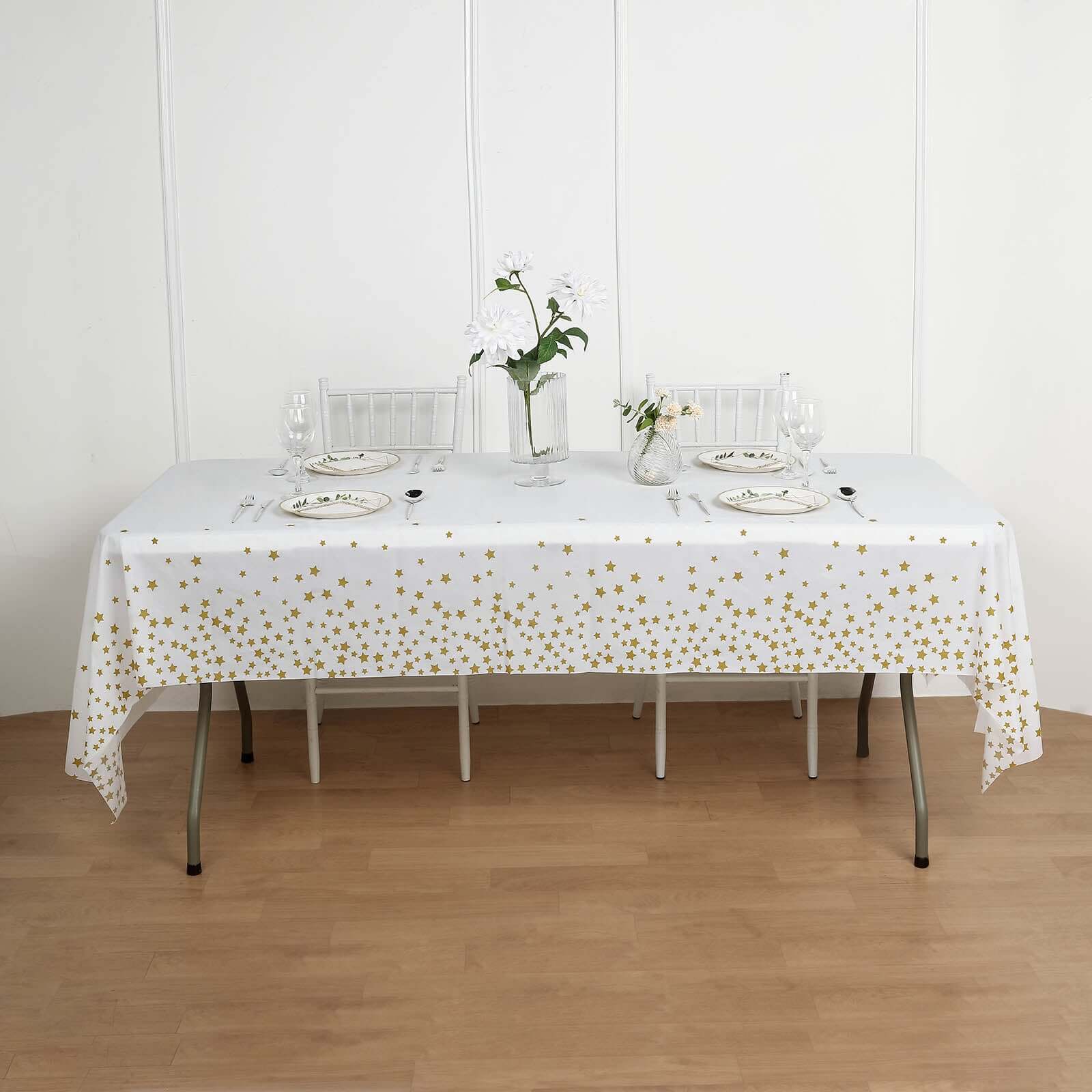 5-Pack Plastic Table Covers 54"x108" White Rectangle with Gold Stars - PVC Waterproof Disposable Covers - Image 3