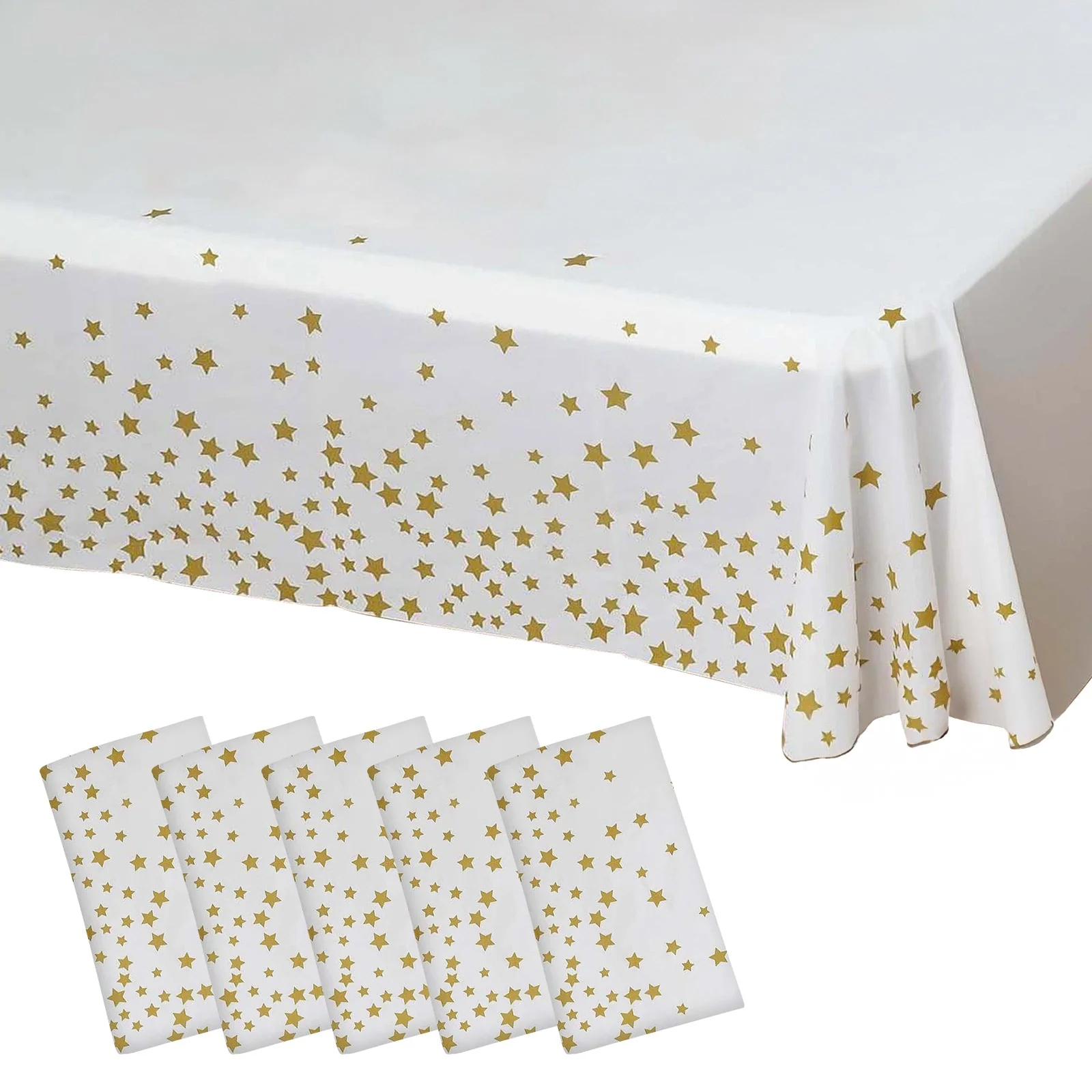 5-Pack Plastic Table Covers 54"x108" White Rectangle with Gold Stars - PVC Waterproof Disposable Covers - Image 6