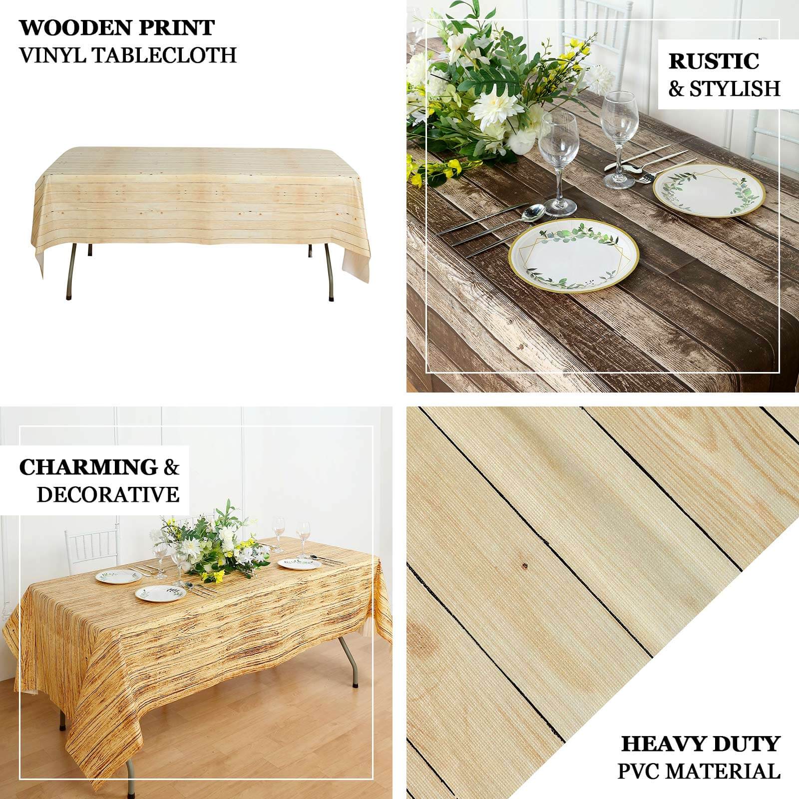 5-Pack Plastic Tablecloths 52"x108" Charcoal Gray Rectangle with Rustic Wooden Print - PVC Waterproof Disposable Covers - Image 4