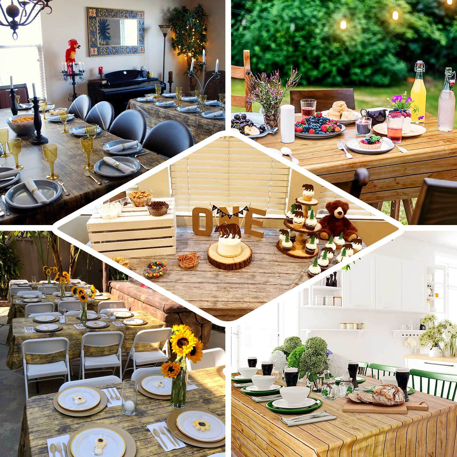 5-Pack Plastic Tablecloths 52"x108" Charcoal Gray Rectangle with Rustic Wooden Print - PVC Waterproof Disposable Covers - Image 5