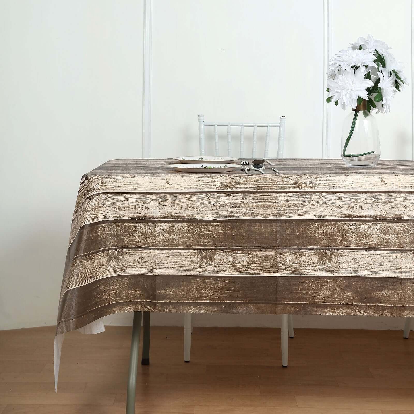 5-Pack Plastic Tablecloths 52"x108" Charcoal Gray Rectangle with Rustic Wooden Print - PVC Waterproof Disposable Covers - Image 6