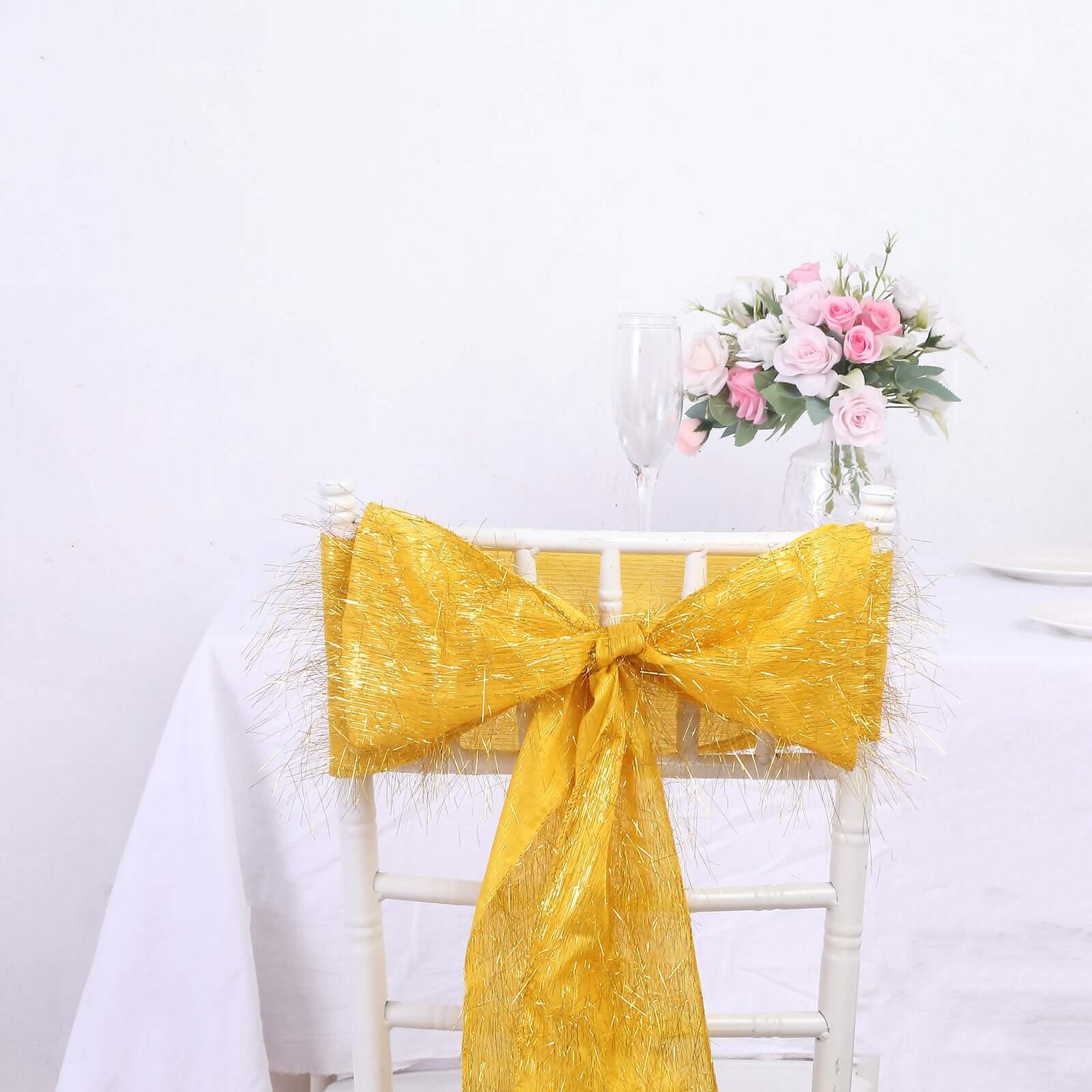 5 Pack Polyester Chair Sashes 6"x108" Gold Metallic Tinsel Fringe - Durable & Reusable Shimmery Chair Bows for Luxurious Events - Image 2