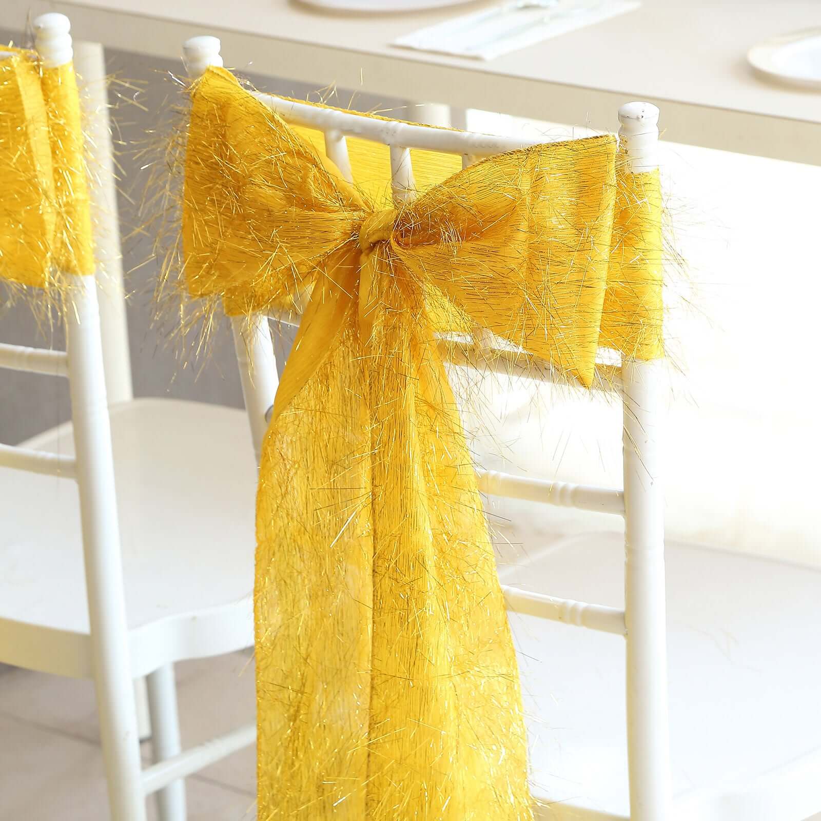 5 Pack Polyester Chair Sashes 6"x108" Gold Metallic Tinsel Fringe - Durable & Reusable Shimmery Chair Bows for Luxurious Events - Image 5