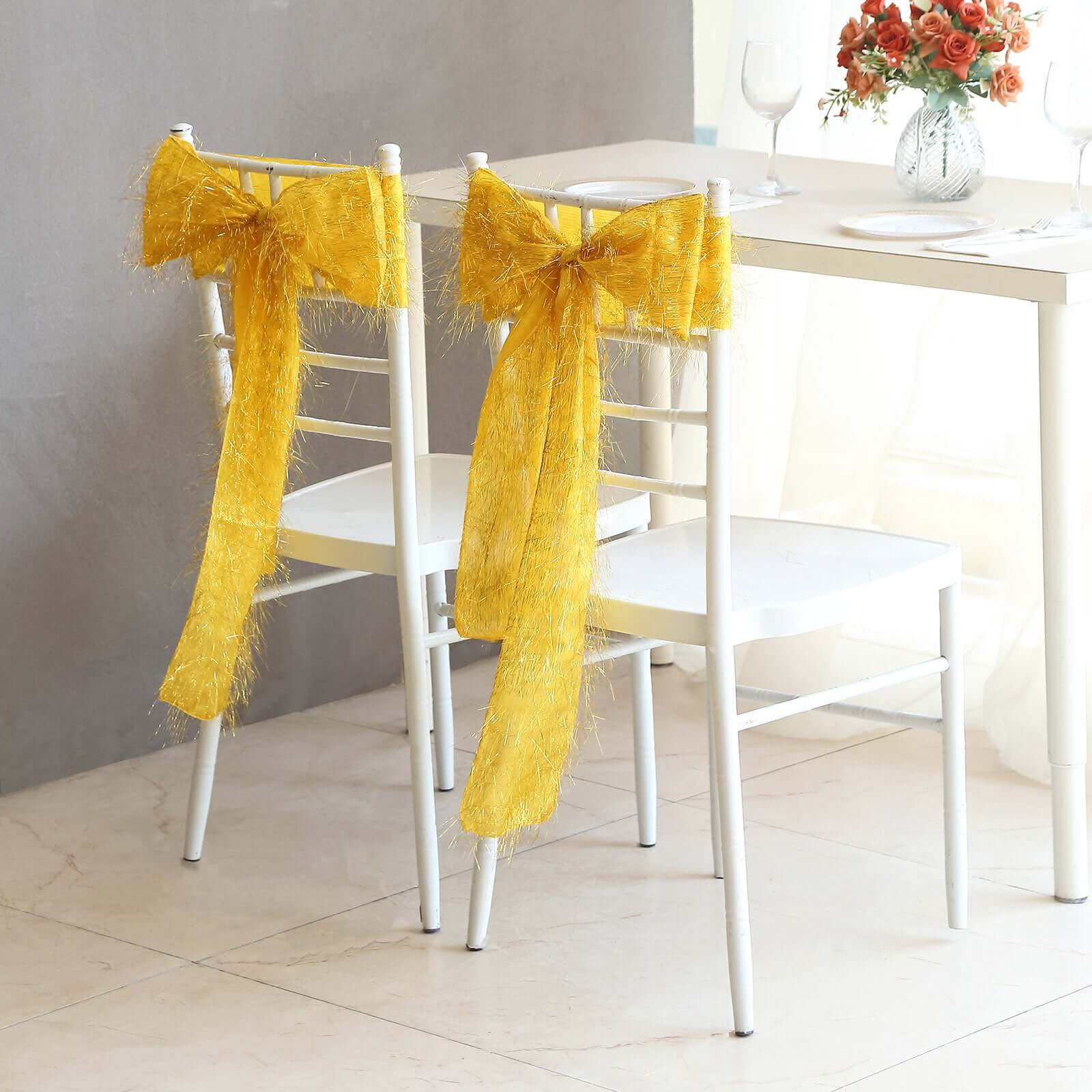 5 Pack Polyester Chair Sashes 6"x108" Gold Metallic Tinsel Fringe - Durable & Reusable Shimmery Chair Bows for Luxurious Events - Image 8