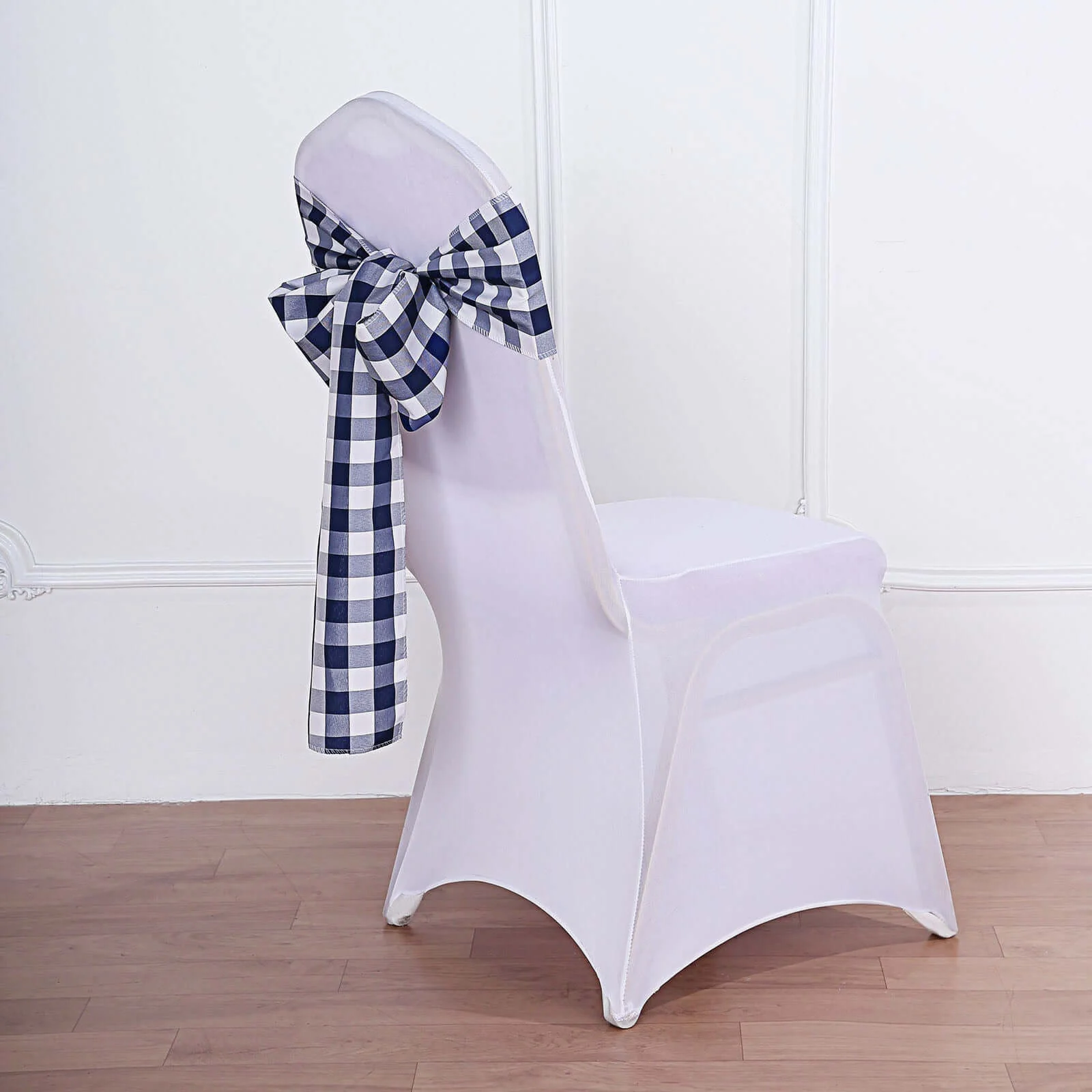 5 Pack Polyester Chair Sashes 6"x108" Navy Blue/White Buffalo Plaid Pattern - Easy to Use Checkered Chair Bows - Image 11